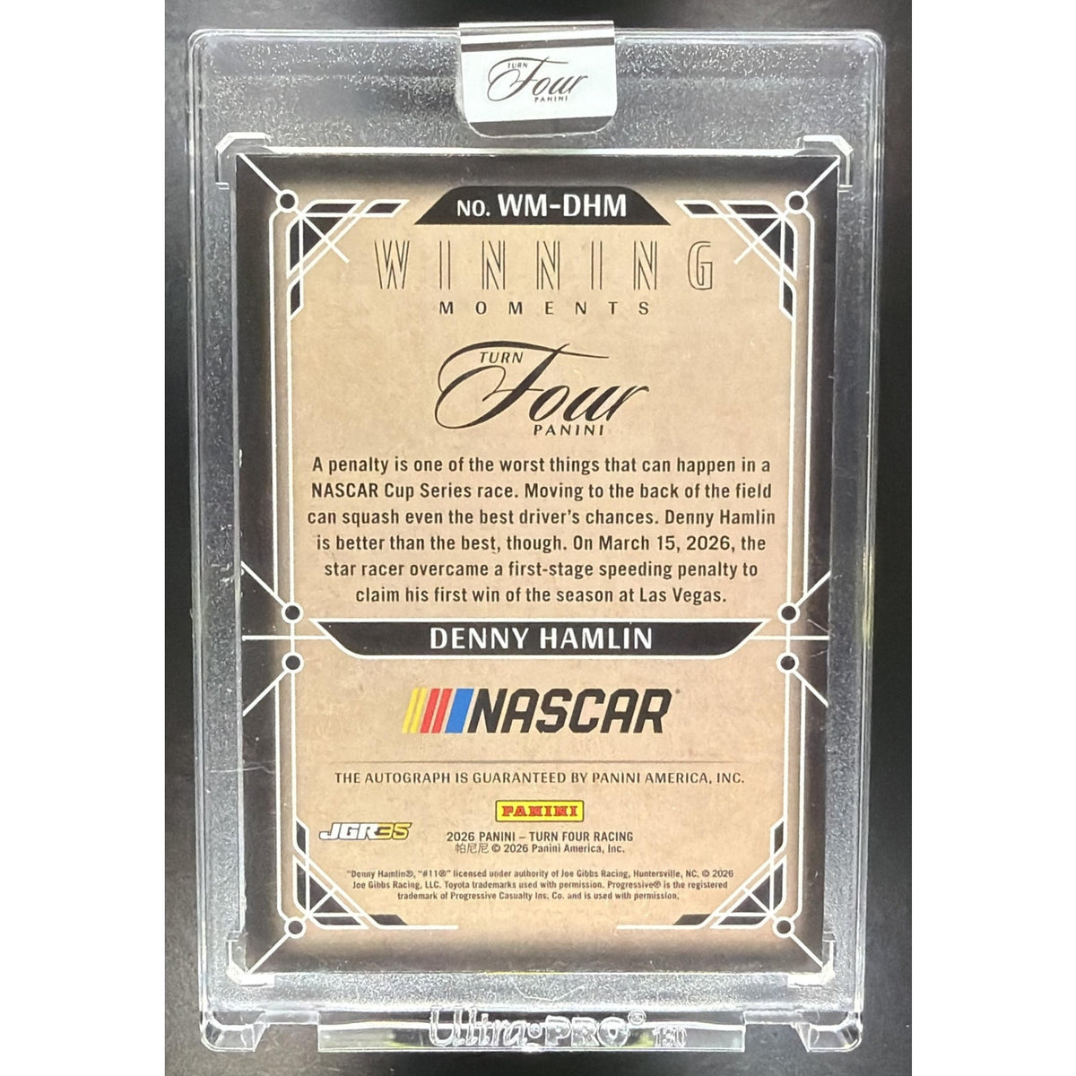 2026 Panini Turn Four Racing Denny Hamlin #WM-DHM Winning Moments Blue /49 Auto