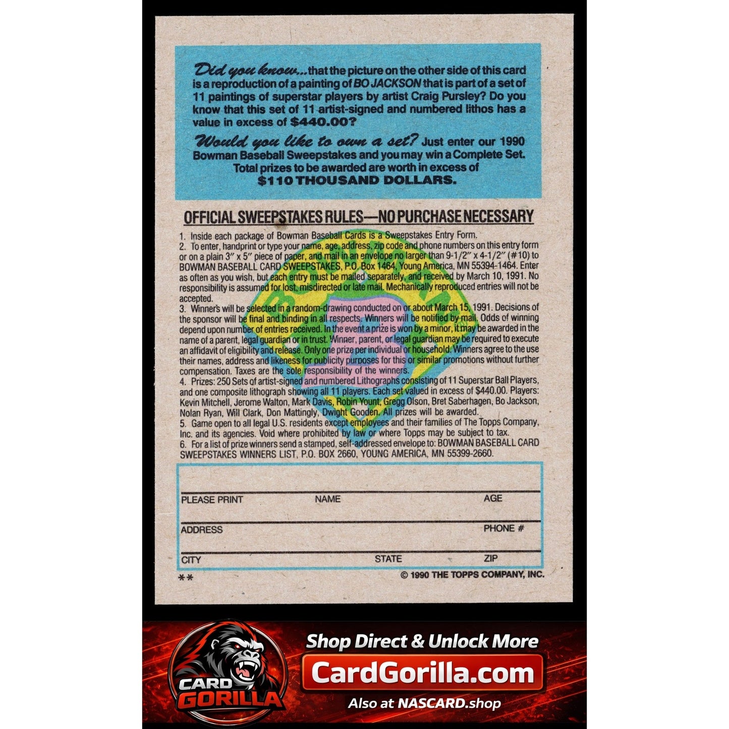 1990 Bowman #NNO Bo Jackson Sweepstakes