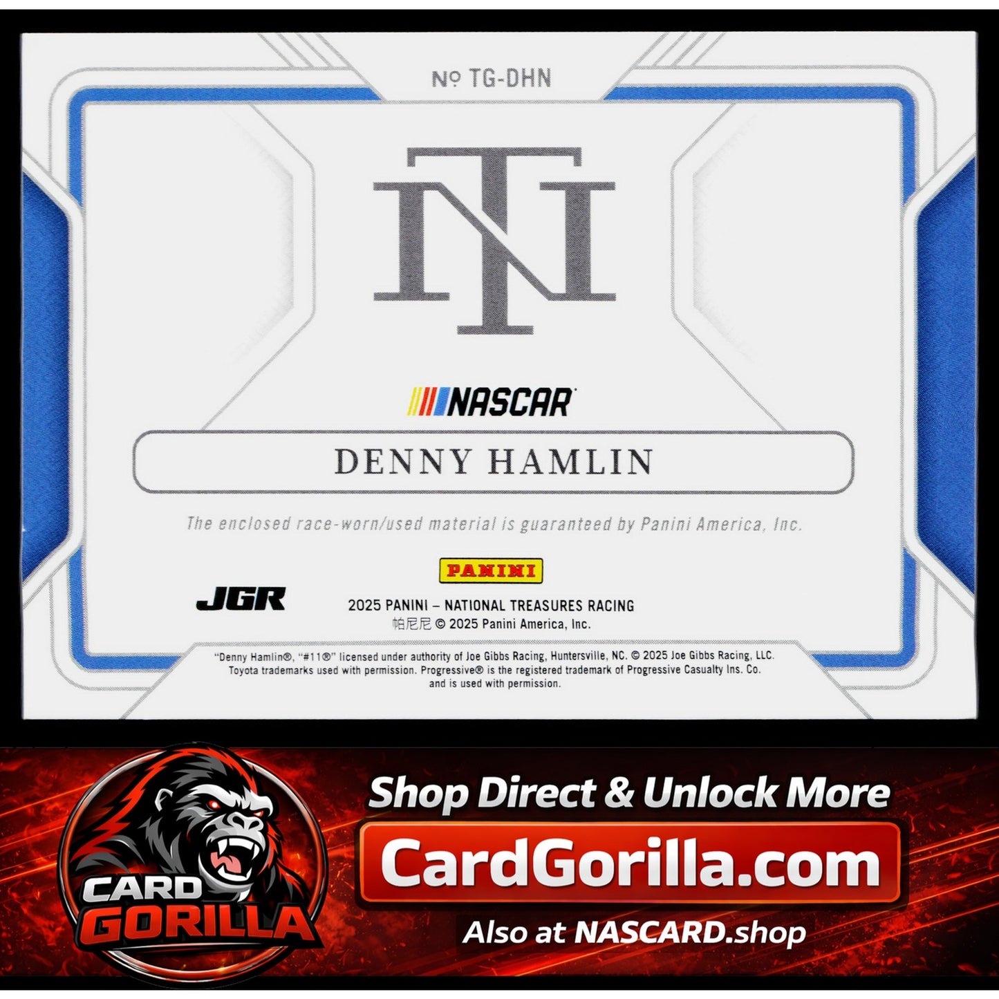 2025 Panini National Treasures #TG-DHN Denny Hamlin Track Gear Blue #/75