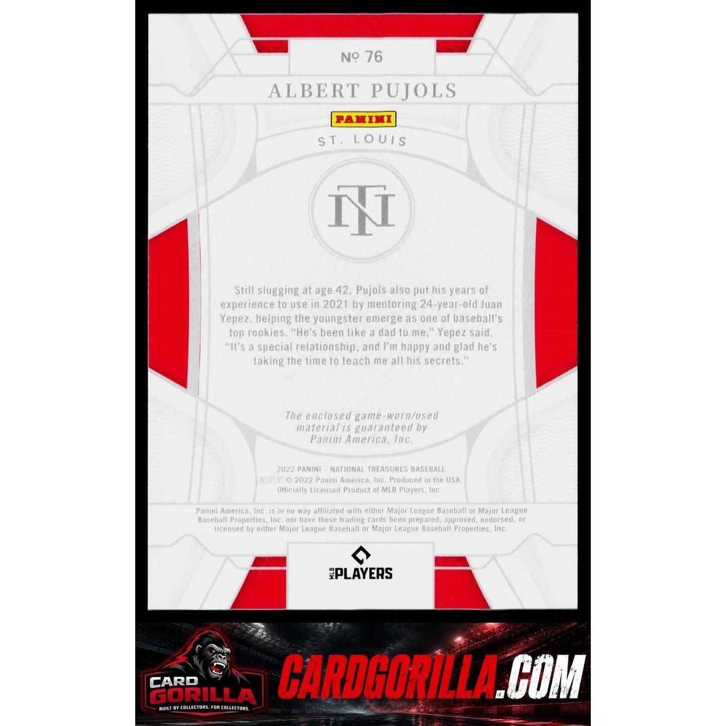 2022 Panini National Treasures #76 Albert Pujols #/99 Game Worn