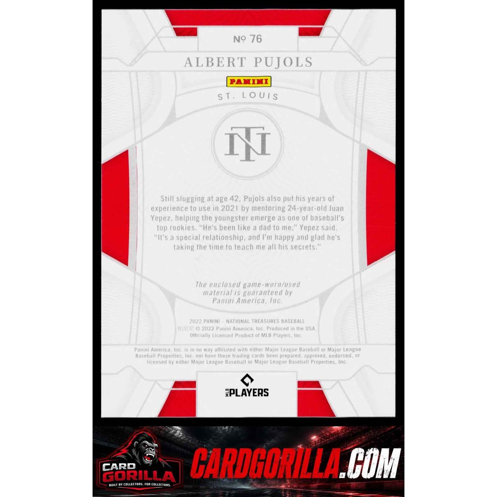 2022 Panini National Treasures #76 Albert Pujols #/99 Game Worn
