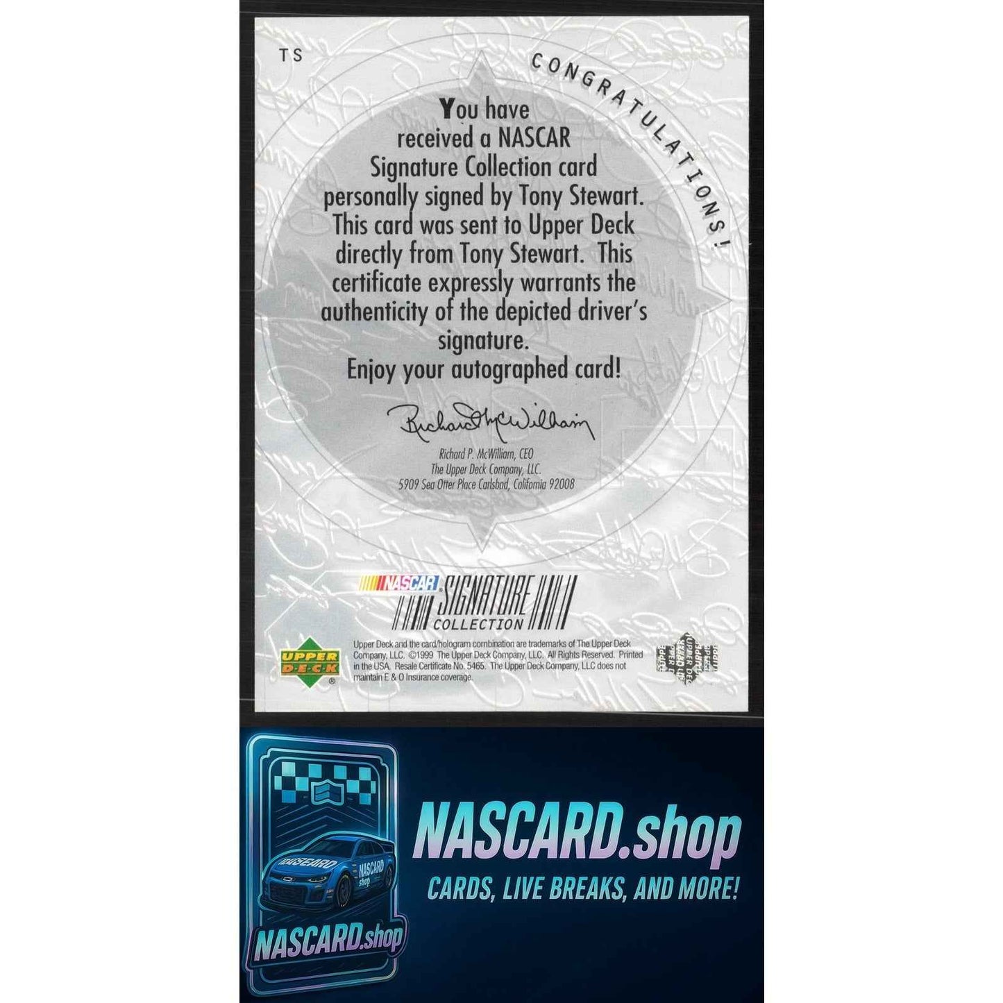 2000 SP Authentic #TS Tony Stewart Signature Collection Checkered Flag