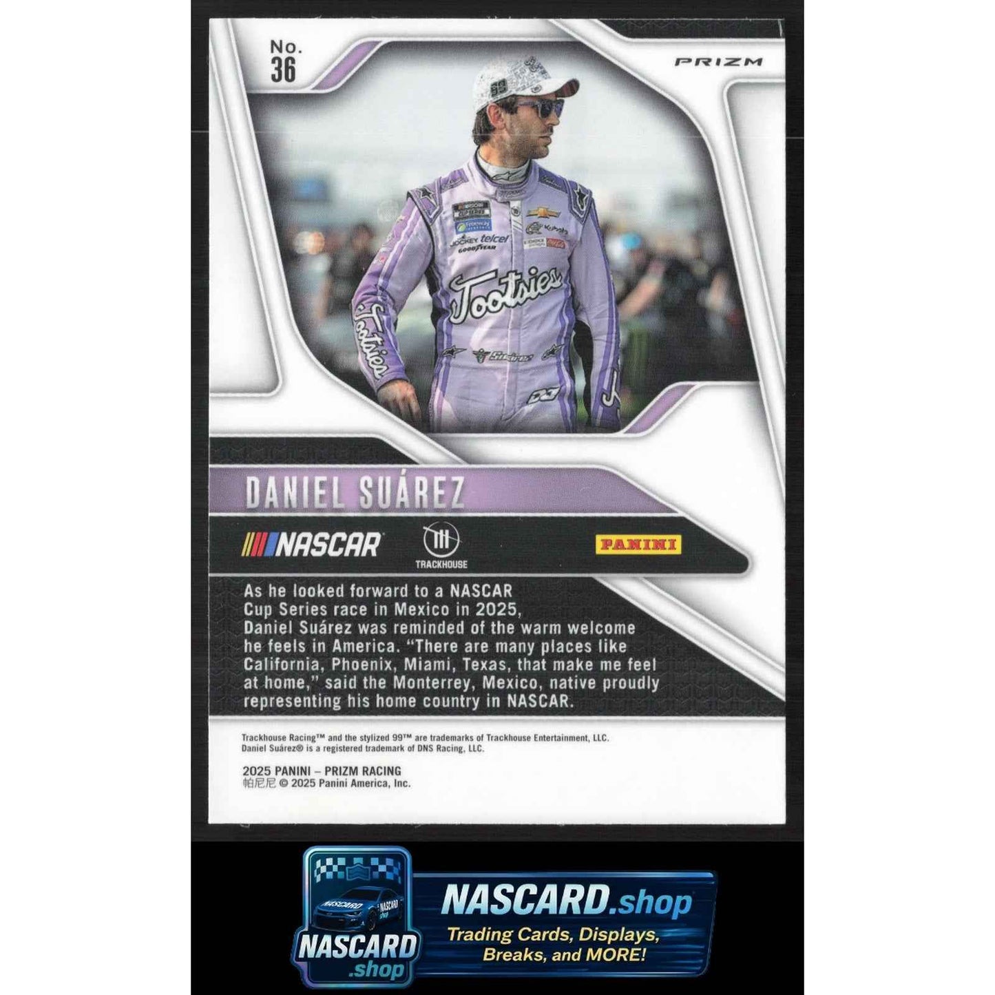 2025 Panini Prizm #36 Daniel Suarez White Sparkle