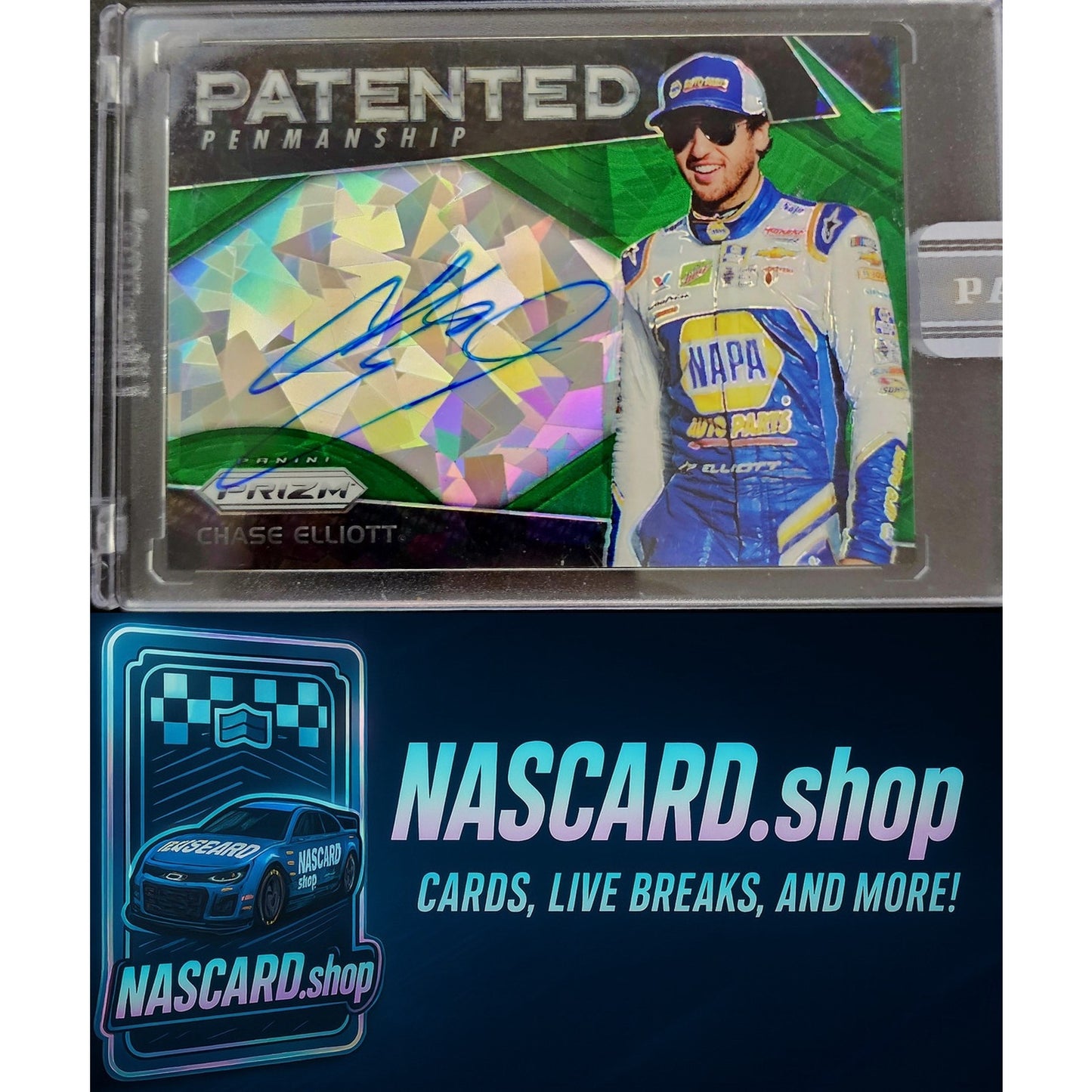 2018 Panini Prizm Chase Elliott Patented Penmanship Green Cracked Ice Prizm #1/1