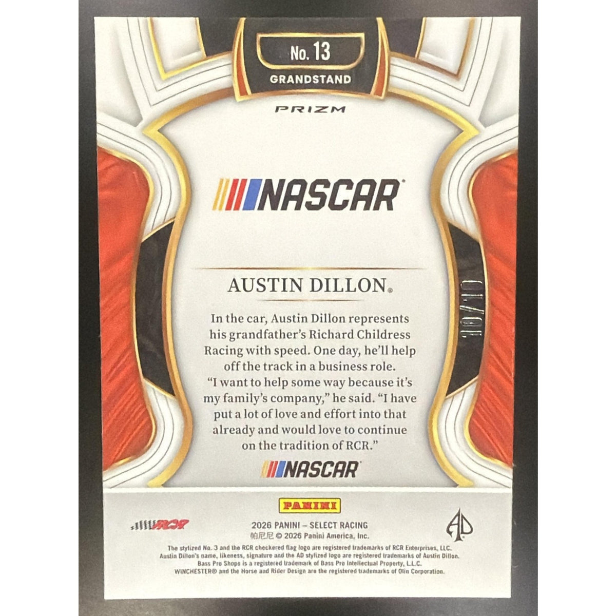 2026 Panini Select NASCAR Austin Dillon #13 Grandstand Gold Flash Prizms /10