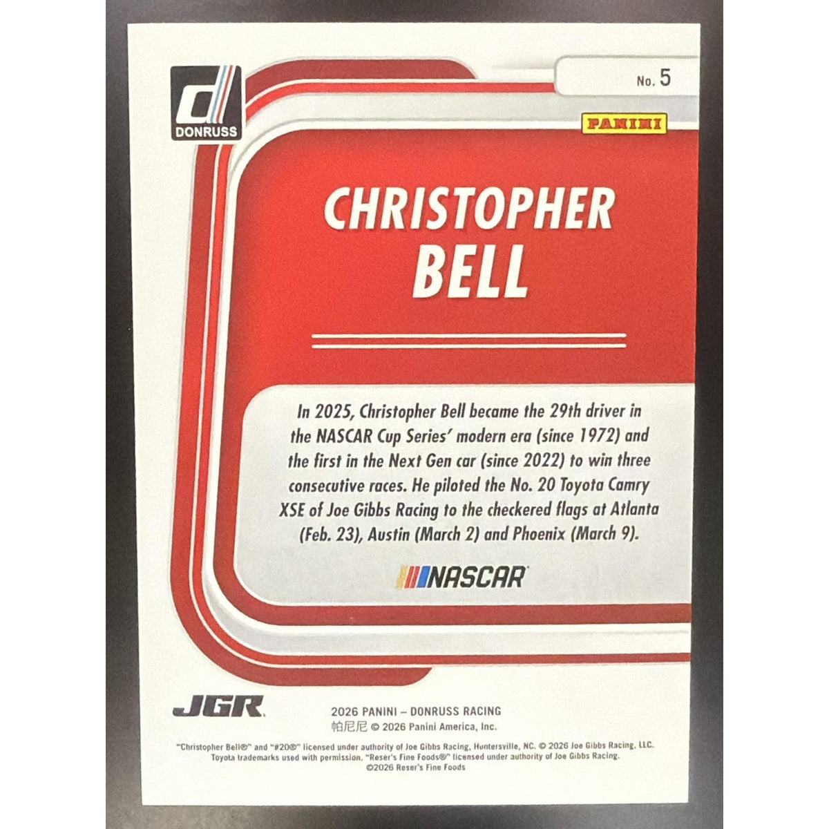 2026 Panini Donruss NASCAR Christopher Bell #5 Season Highlights Orange Ice /75