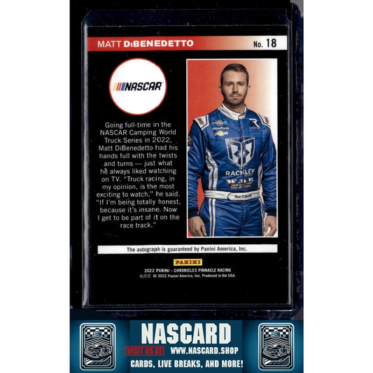 2022 Panini Chronicles #18 Matt DiBenedetto Pinnacle Autographs Purple - NASCARD.shop