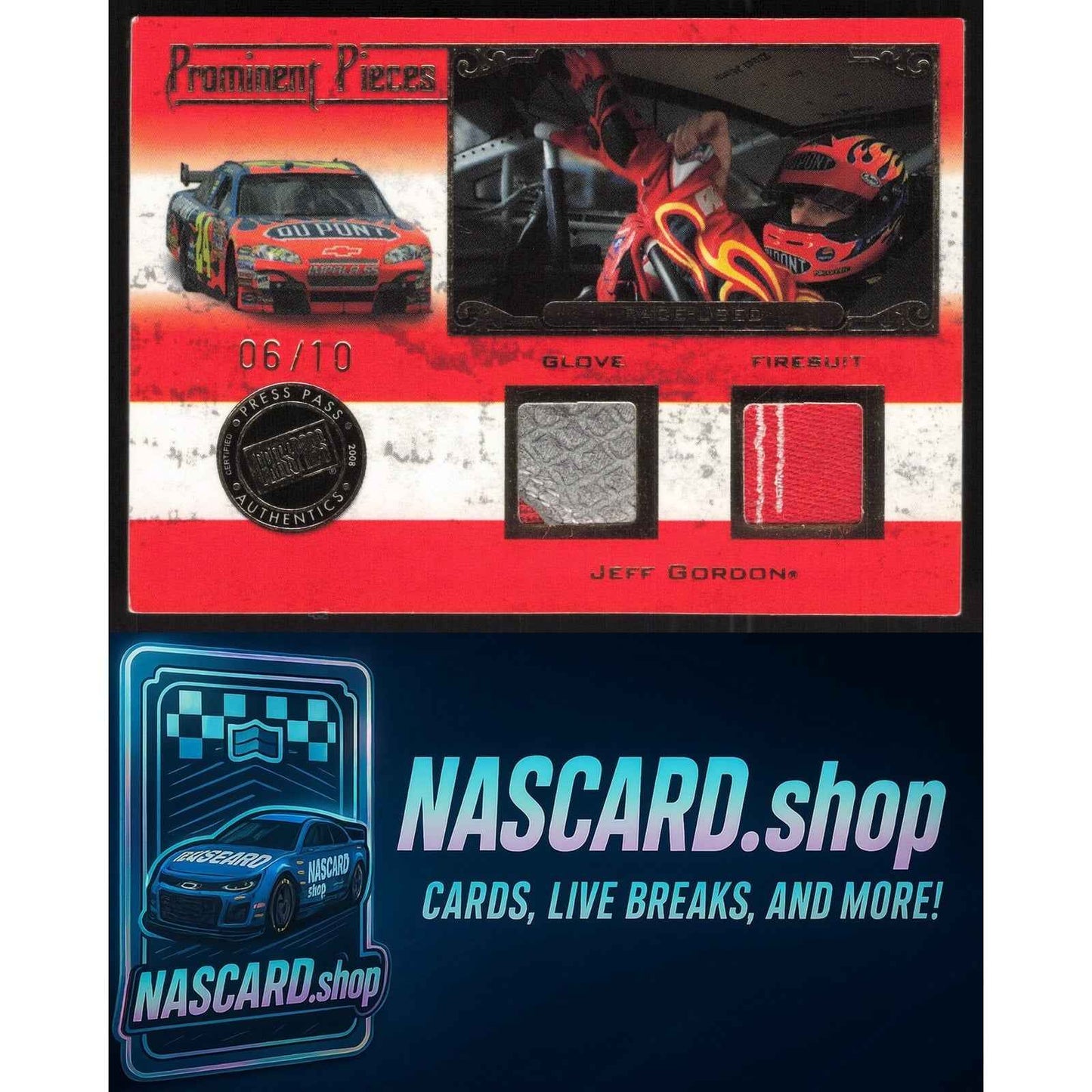 2008 Press Pass Legends Jeff Gordon Prominent Pieces Firesuit-Glove Gold #/10
