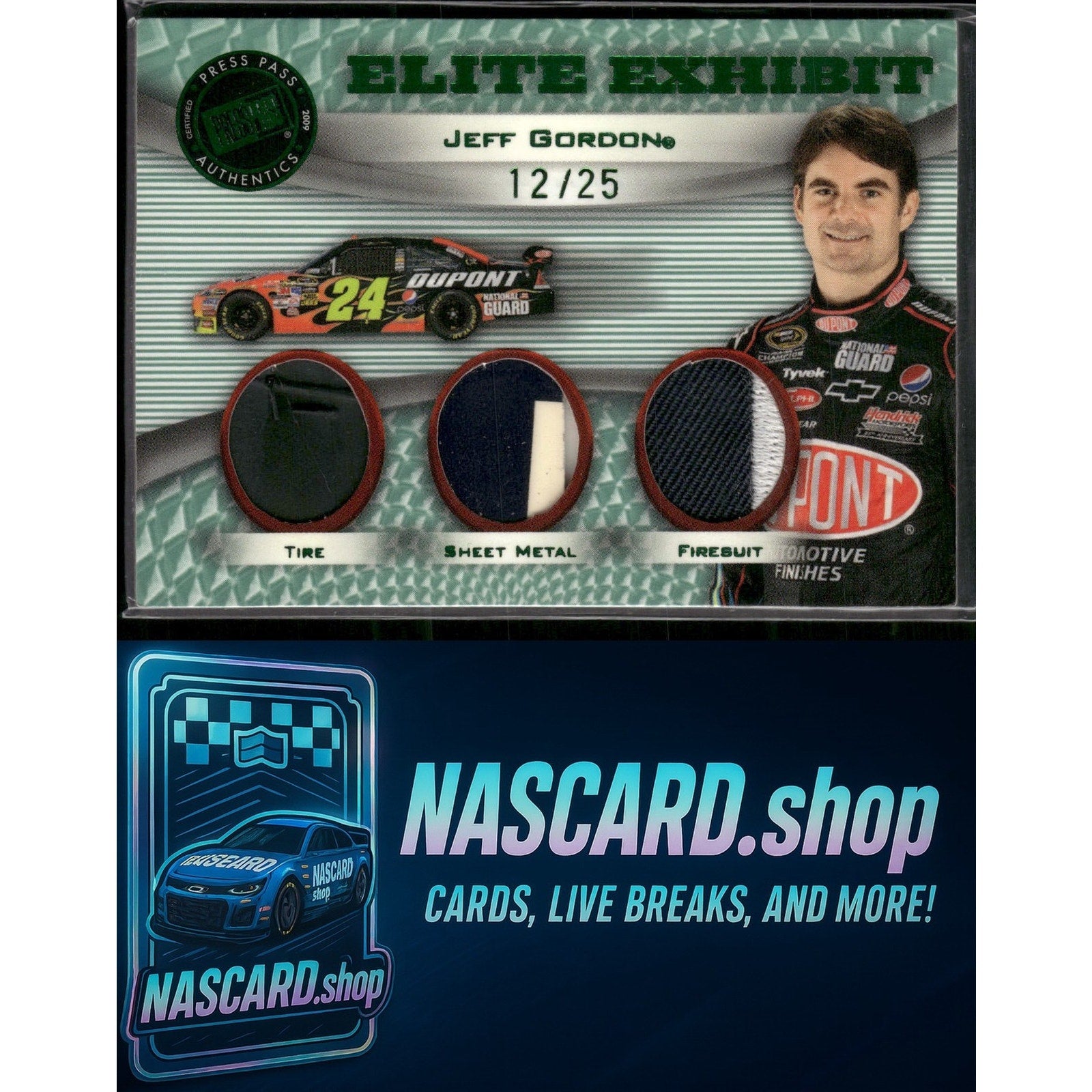 2009 Press Pass Showcase Jeff Gordon Elite Exhibit Triple Memorabilia Green #/25 - NASCARD.shop