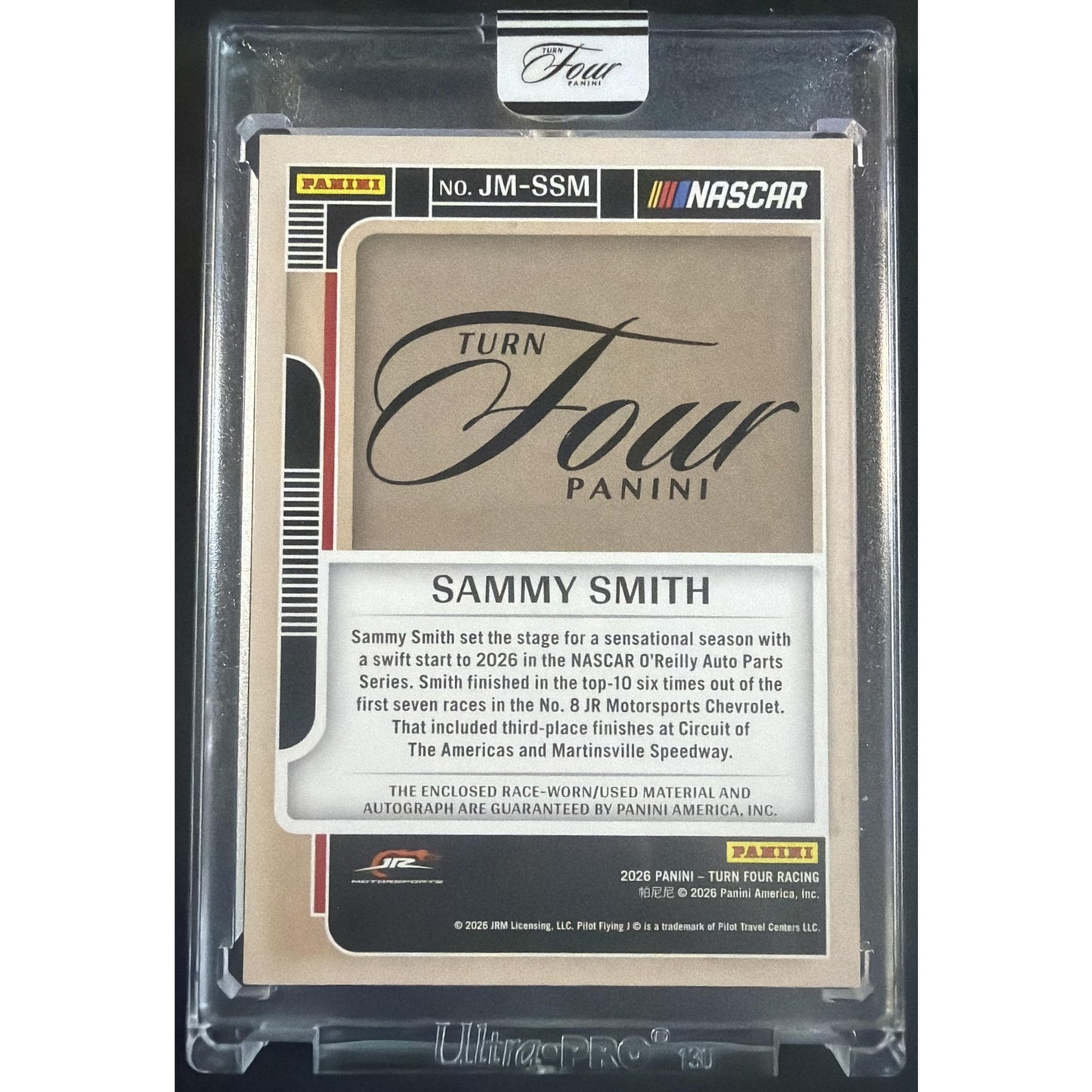 2026 Panini Turn Four Racing Sammy Smith Jumbo Memorabilia Auto Purple /20 MEM