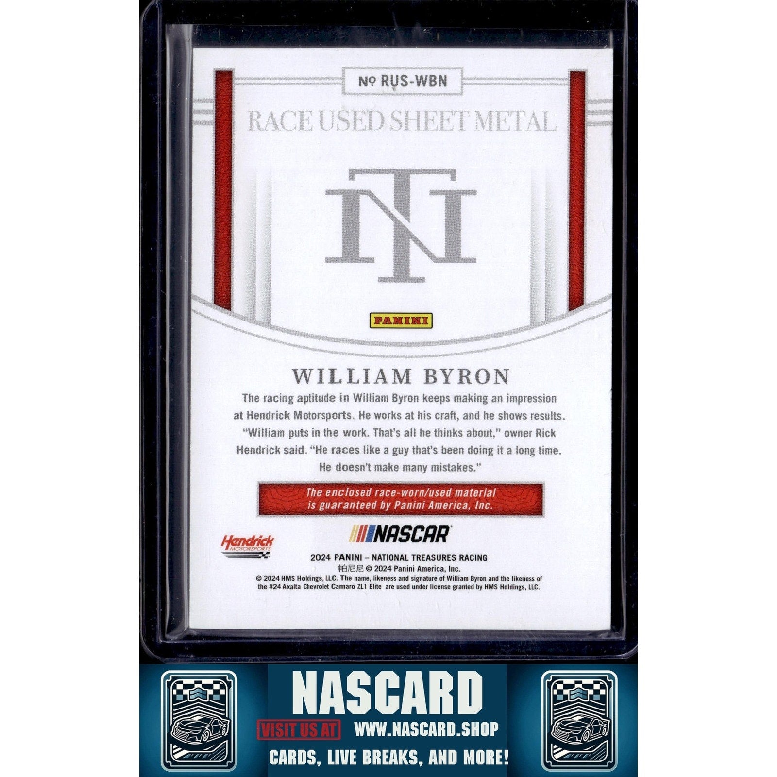 2024 Panini National Treasures William Byron Race Used Sheet Metal Blue #/75 - NASCARD.shop