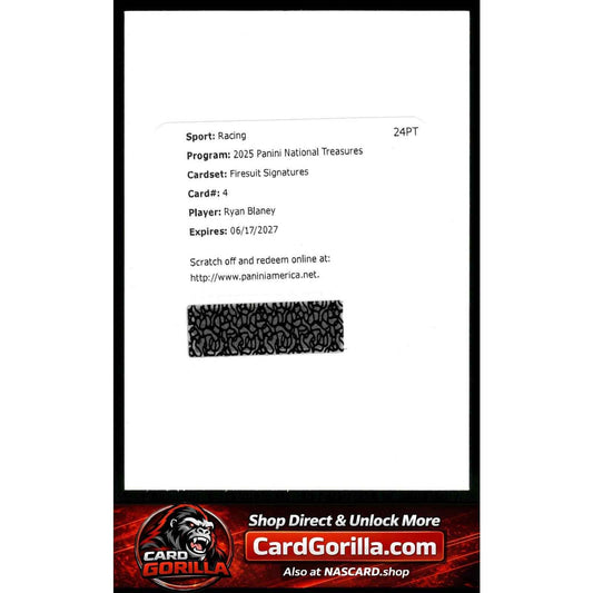2025 Panini National Treasures Ryan Blaney Firesuit Signatures #/75 Redemption