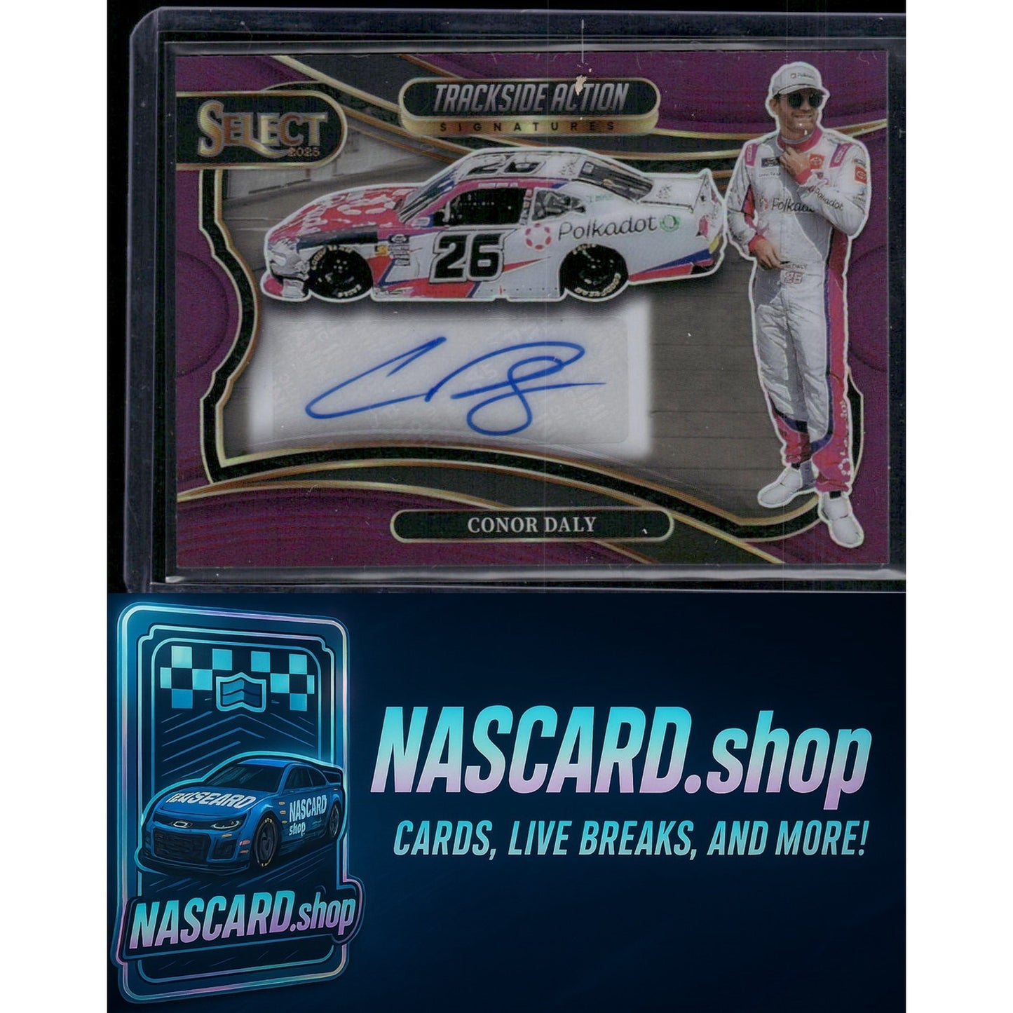 2025 Panini Select Conor Daly Trackside Action Signatures Purple Prizms #/49