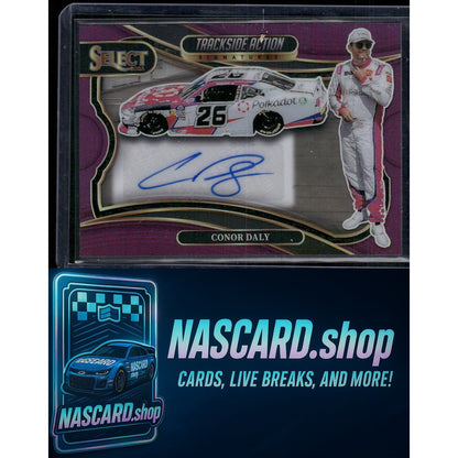 2025 Panini Select Conor Daly Trackside Action Signatures Purple Prizms #/49