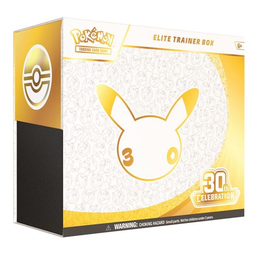 Pokémon Elite Trainer Box 30th Celebration edition box packaging, featuring a white and gold design with a large Pikachu face graphic and a black side panel.