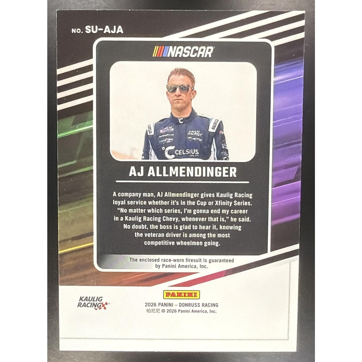2025 Panini Donruss NASCAR AJ Allmendinger #SU-AJA Suited Up Swatches