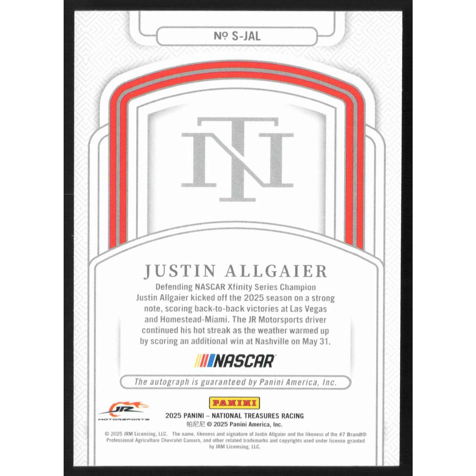 2025 Panini National Treasures #S-JAL Justin Allgaier Signatures #/99