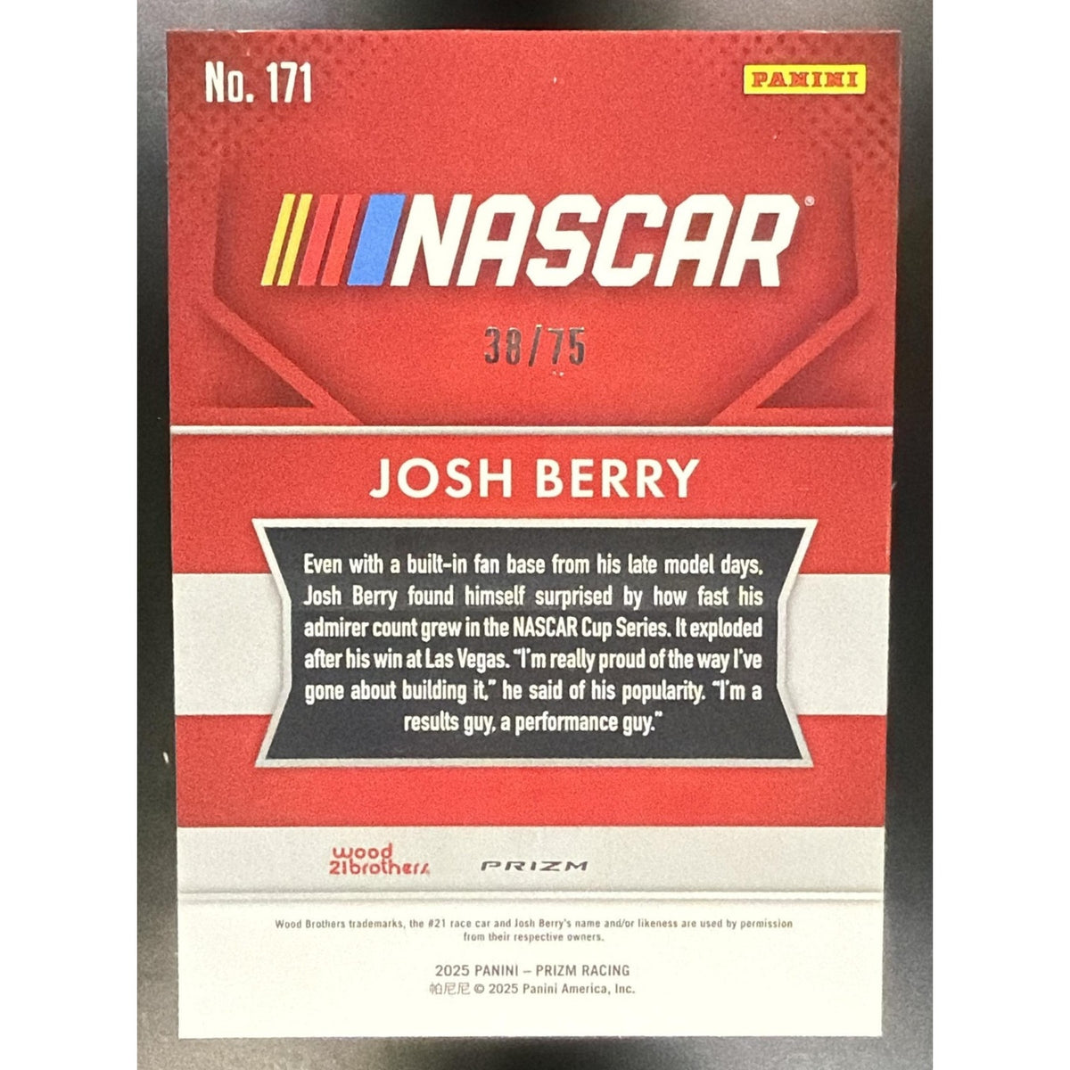 2025 Panini Prizm NASCAR Josh Berry #171 Throwback Checkered Flag Prizms 38/75