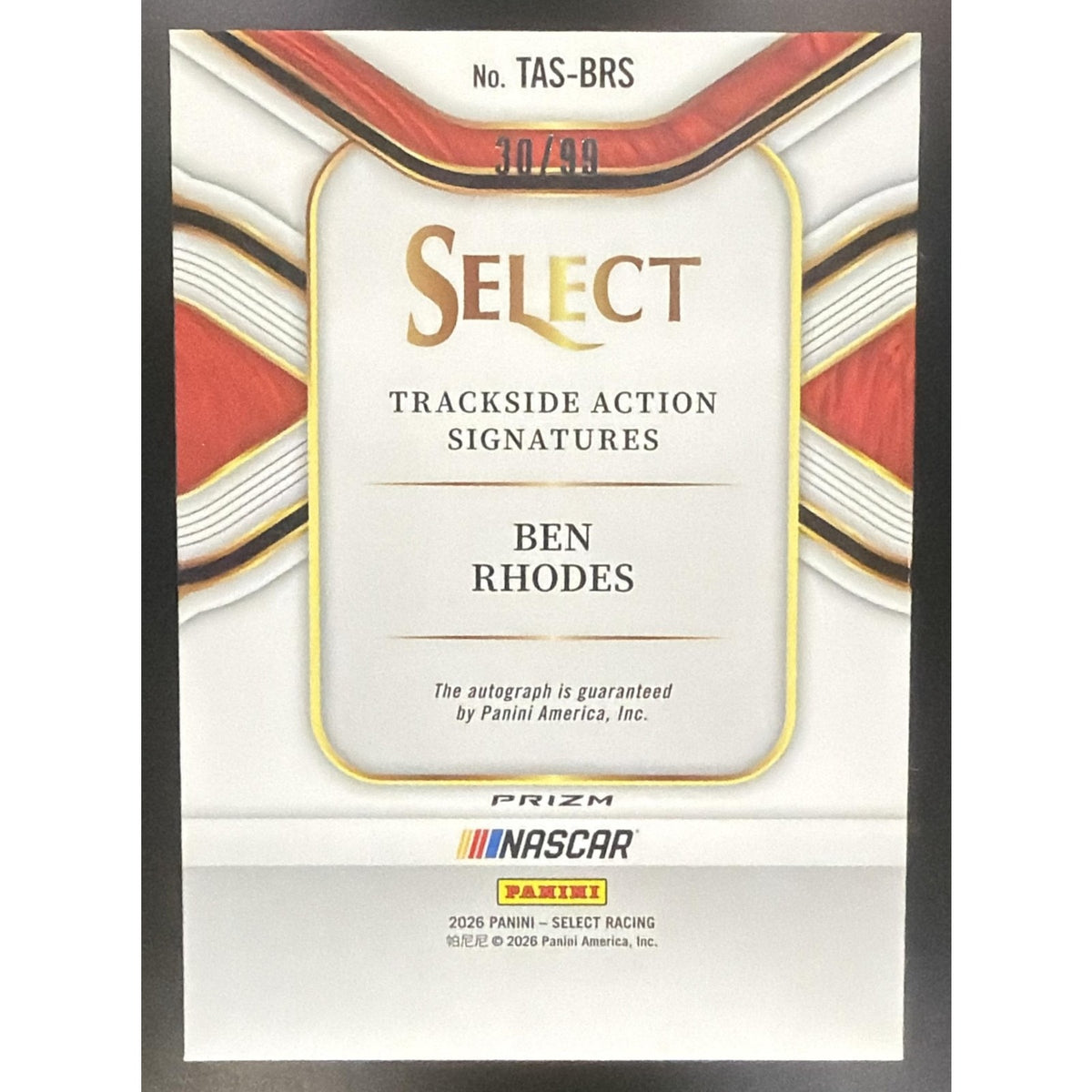 2026 Panini Select NASCAR Ben Rhodes Trackside Action Signatures Blue Prizms /99