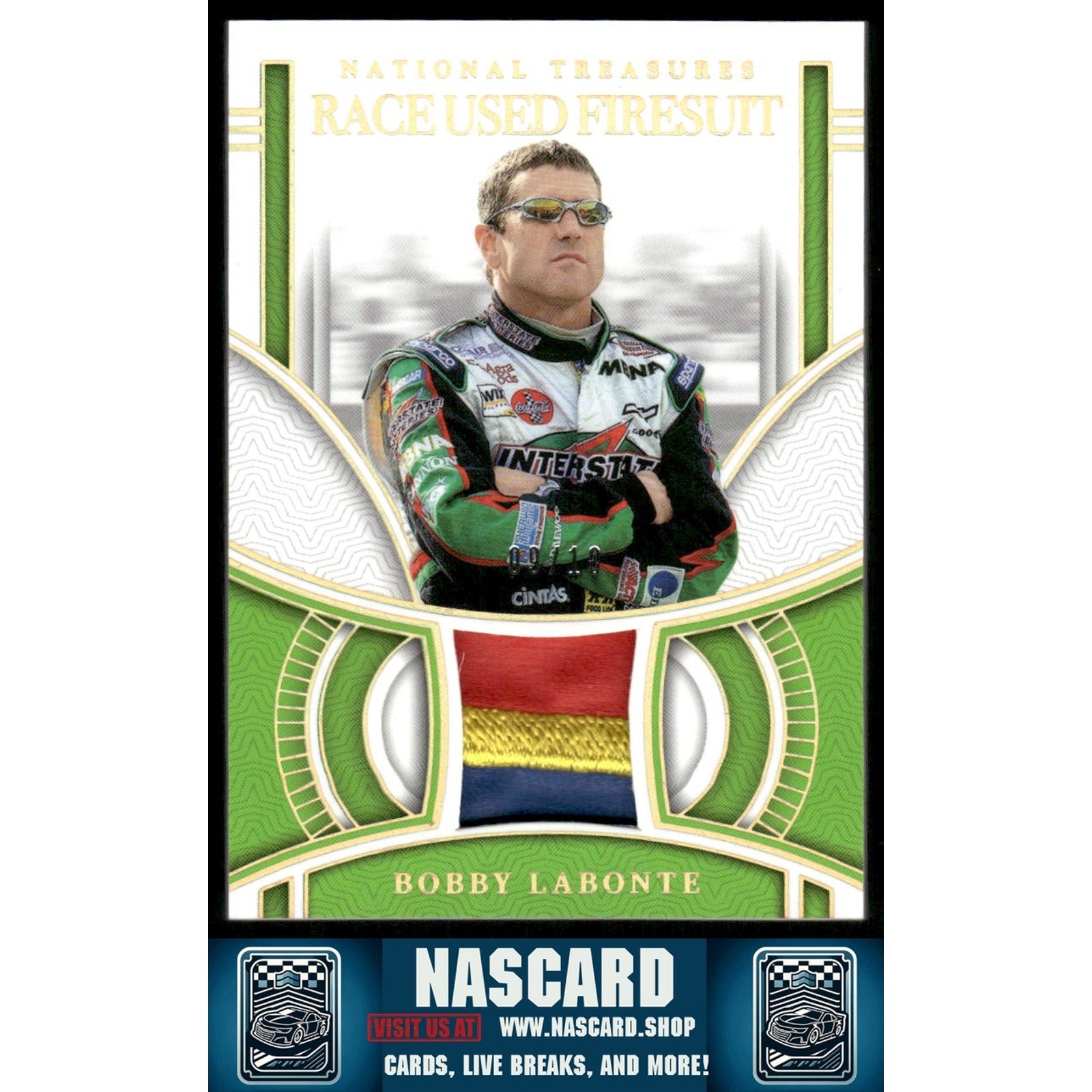2024 Panini National Treasures Bobby Labonte Race Used Firesuit Holo Gold #/10 - NASCARD.shop