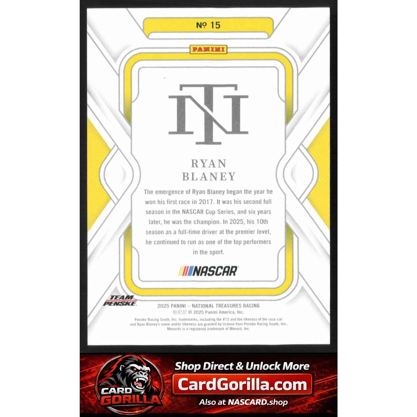 2025 Panini National Treasures #15 Ryan Blaney Holo Gold #/3