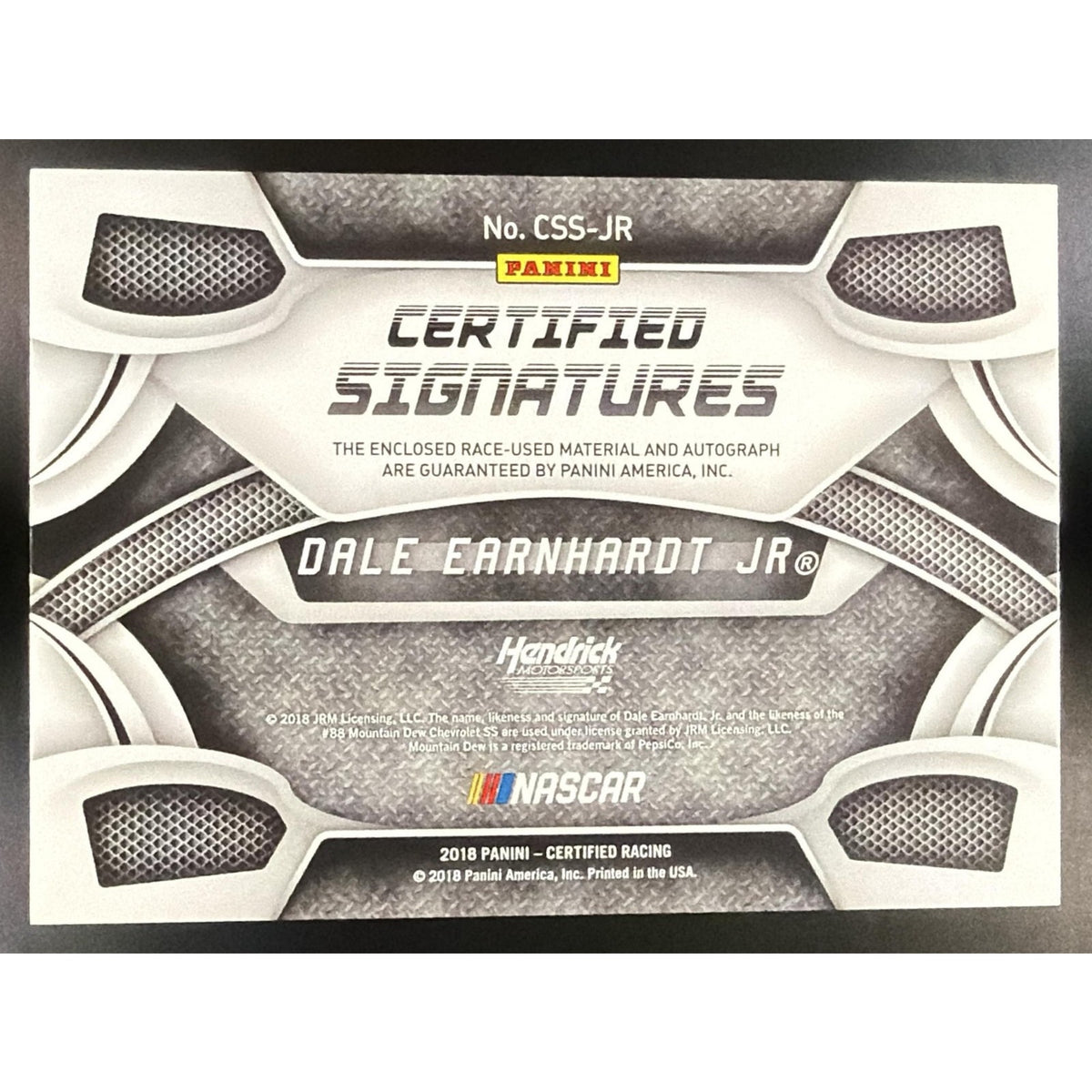2018 Panini Certified Dale Earnhardt Jr. #CSS-JR Signature Swatches Gold /25