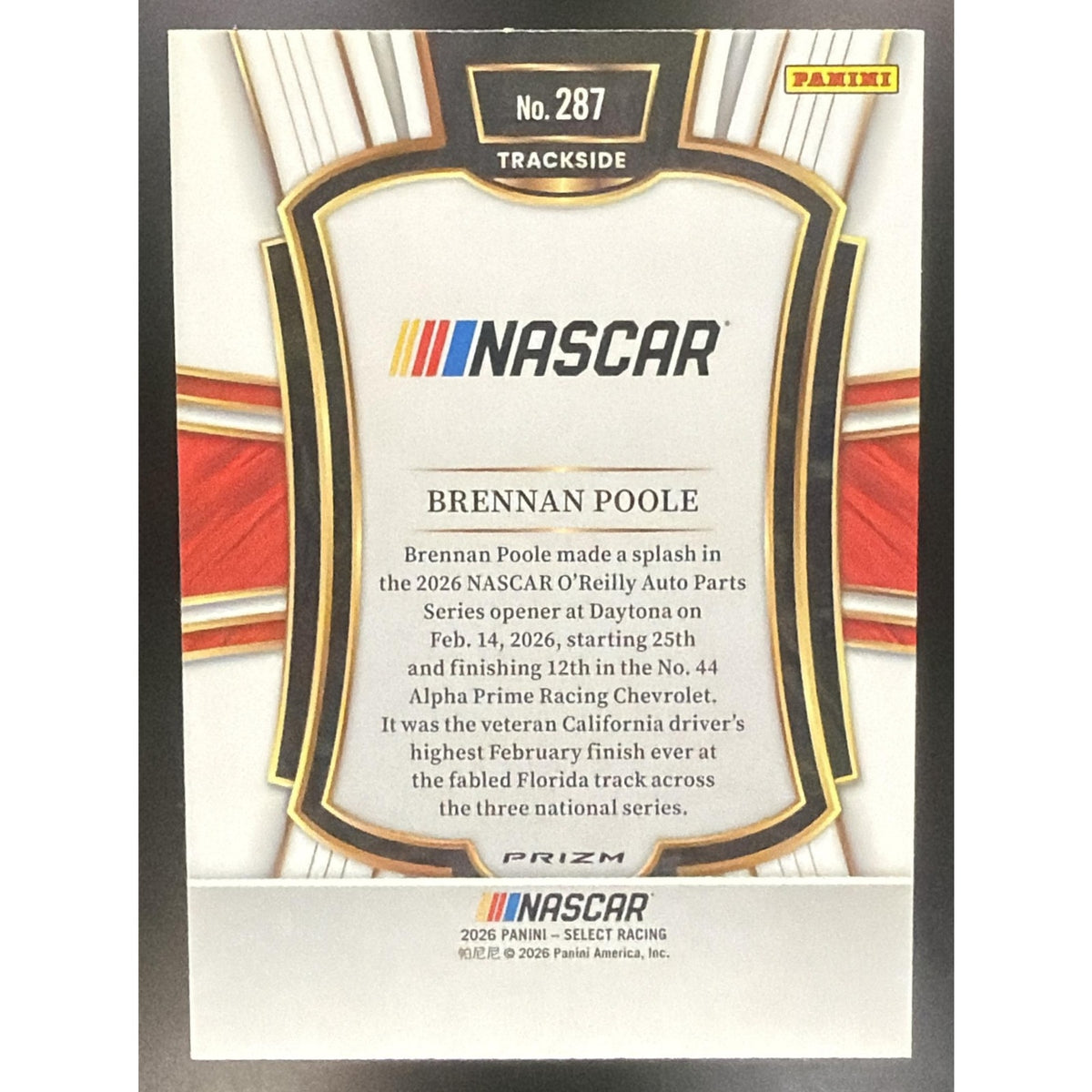 2026 Panini Select NASCAR Brennan Poole #287 Set - Trackside Silver Logo