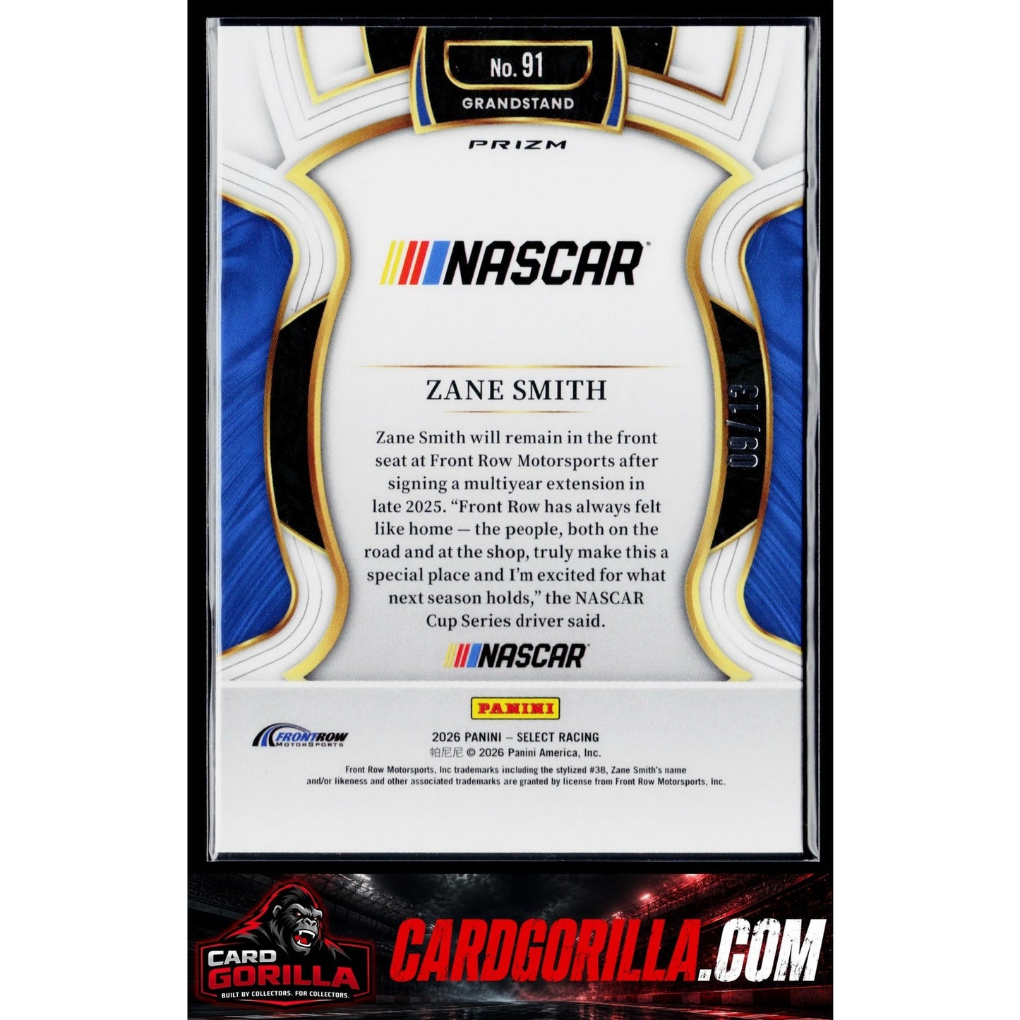 2026 Panini Select Racing #91 Zane Smith Grandstand Gold Power Plaid #/13