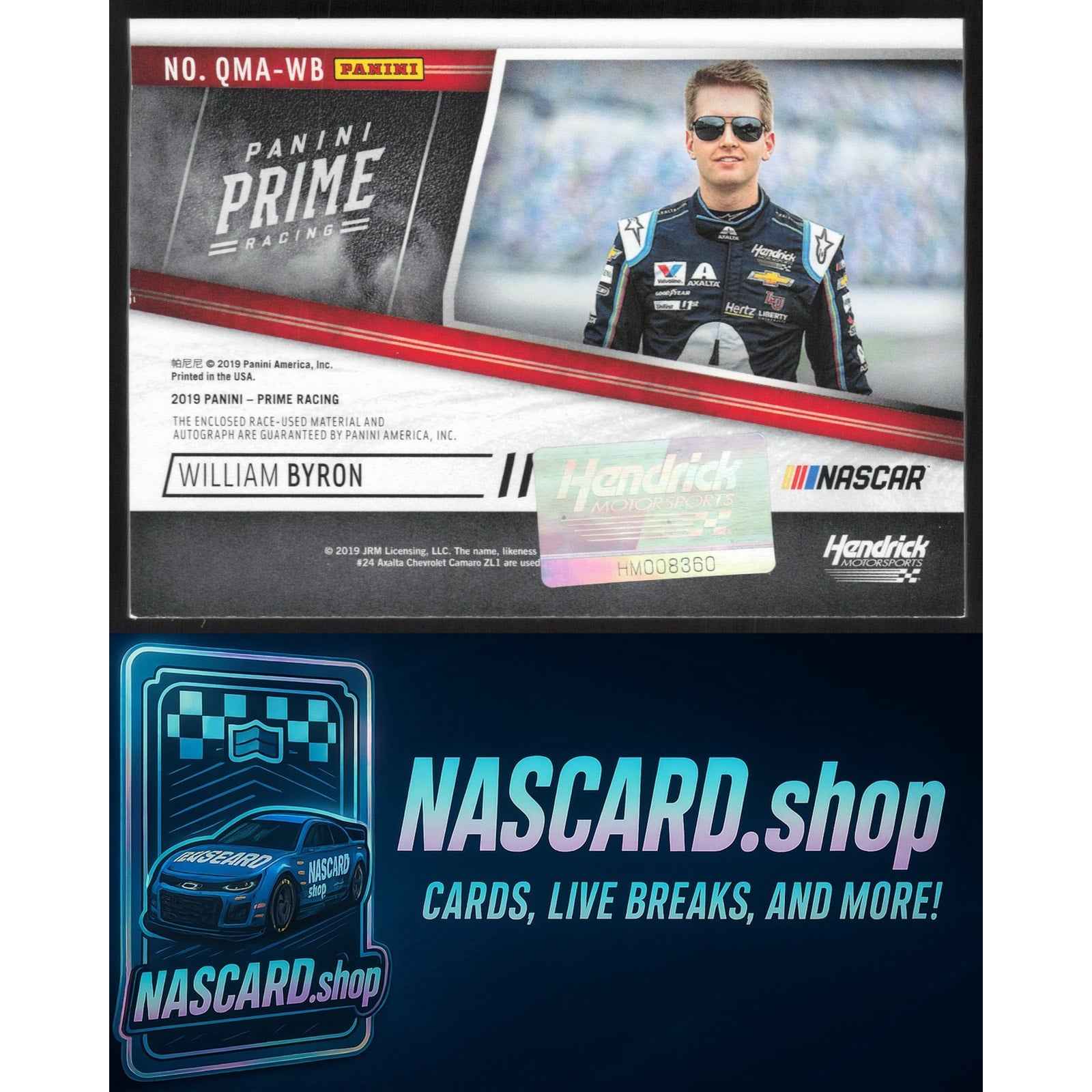 2019 Panini Prime #QMA-WB William Byron Quad Materials Autographs Black #/10