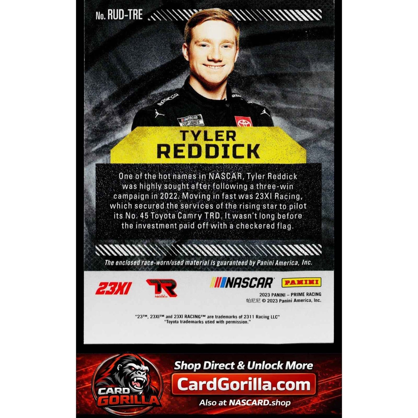 2023 Panini Prime Tyler Reddick Race Used Duals Sheet Metal Holo Gold #/25