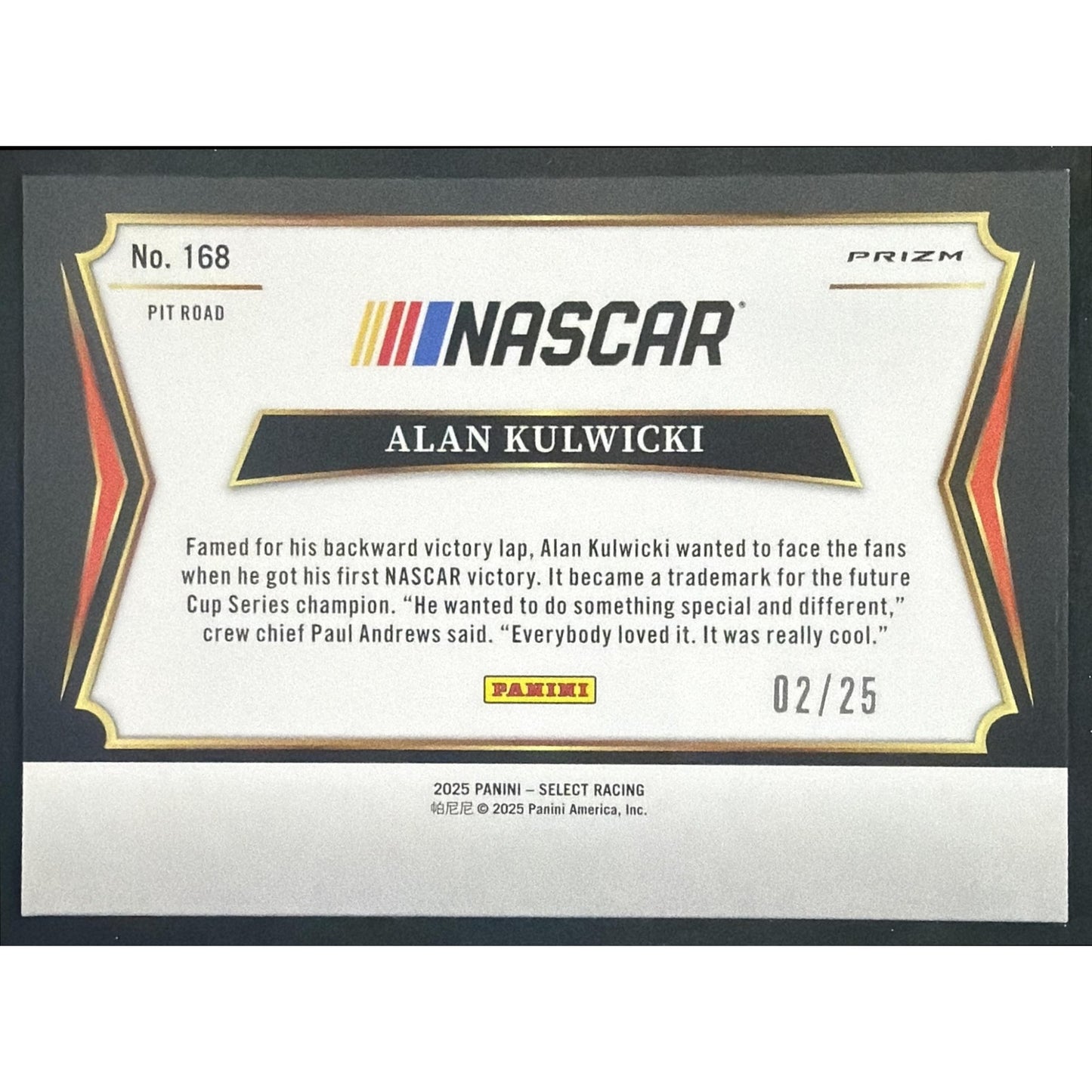 2025 Panini Select Alan Kulwicki #168 Pit Road Tie-Dye Prizm 2/25