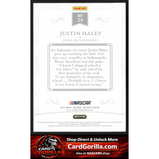 2025 Panini National Treasures #29 Justin Haley 2016 Throwback Holo Silver #/25