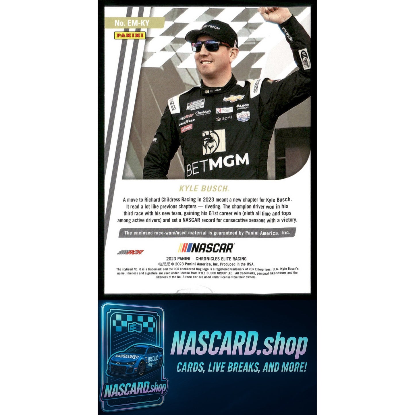 2023 Panini Chronicles #EM-KY Kyle Busch Elite Materials Red #/49 - Card Gorilla