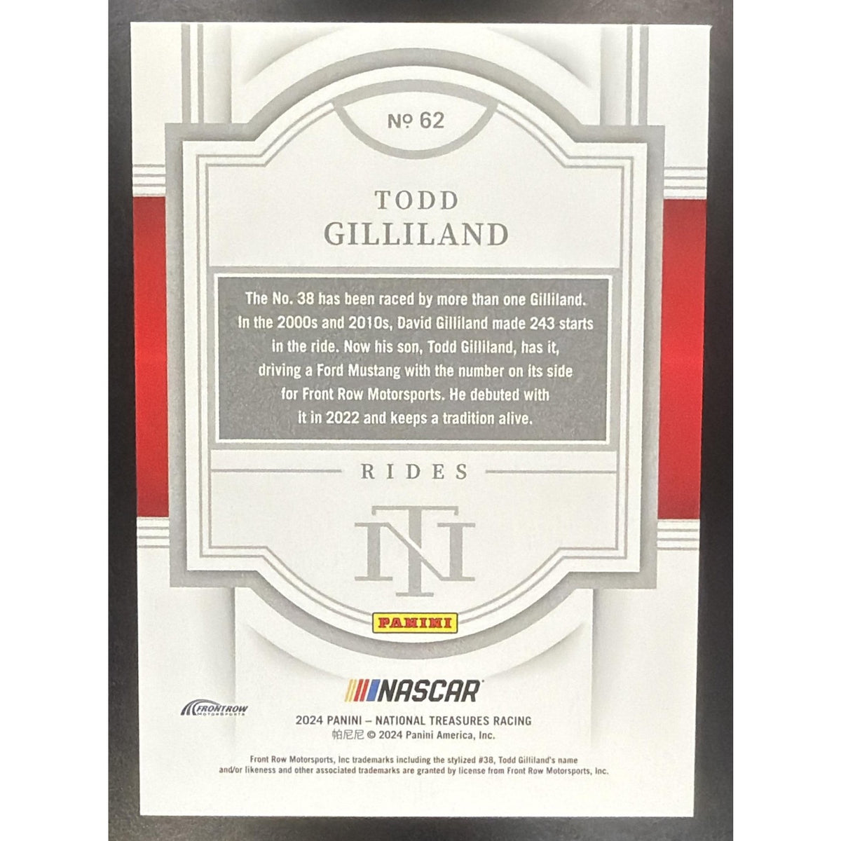 2024 Panini National Treasures Todd Gilliland #62 Rides 2/49