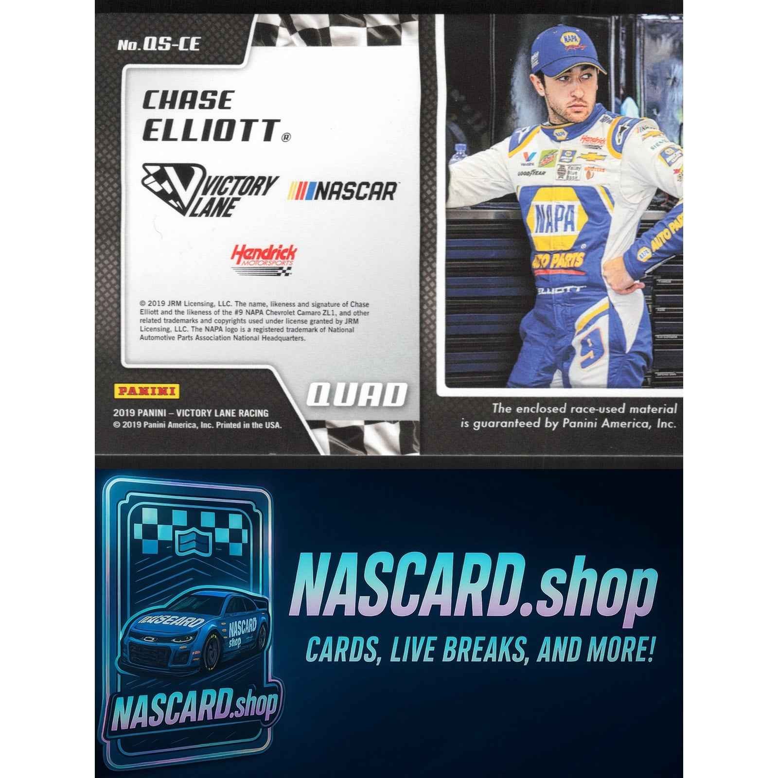 2019 Panini Victory Lane #QS-CE Chase Elliott Quad Swatches Red #/25