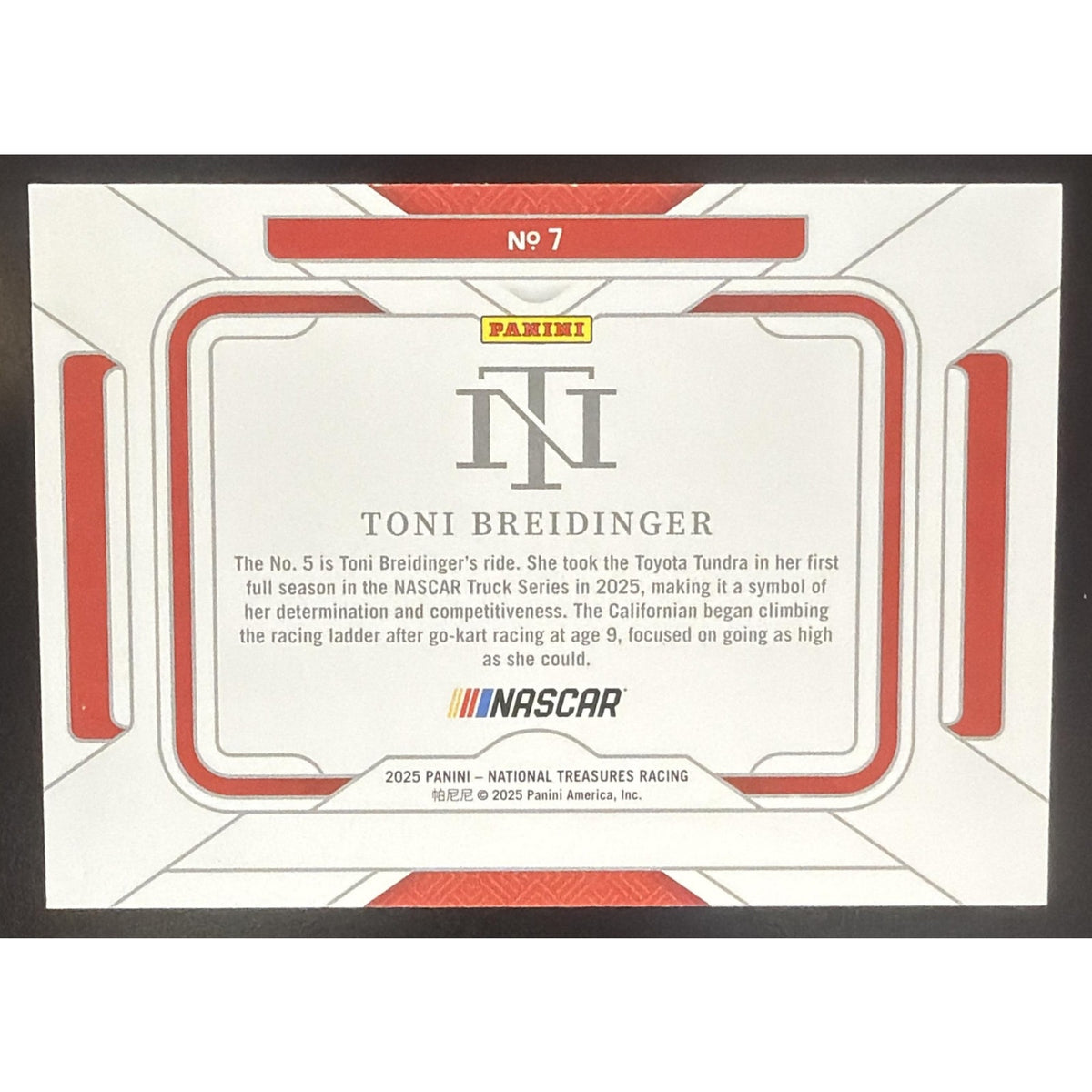 2025 Panini National Treasures Toni Breidinger #7 Rides Gold 7/15