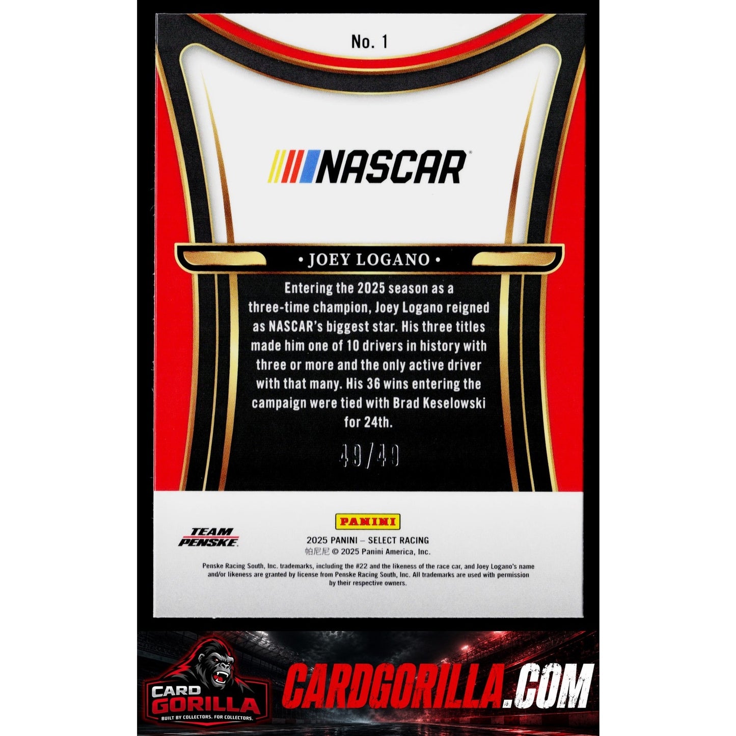 2025 Panini Select #1 Joey Logano En Fuego Blue Prizms #/49