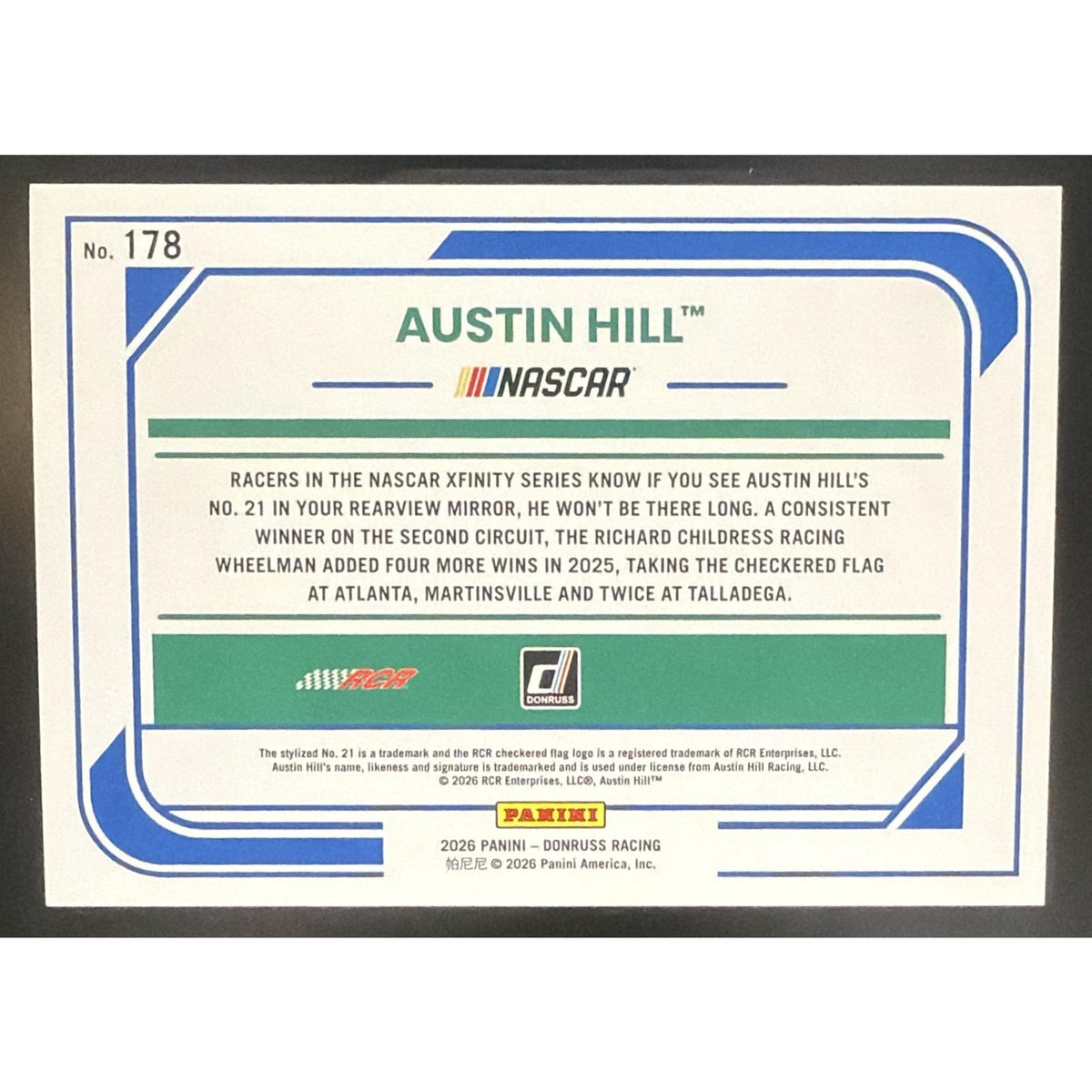 2026 Panini Donruss NASCAR Racing Austin Hill #178 Rides Carolina Blue Laser /99
