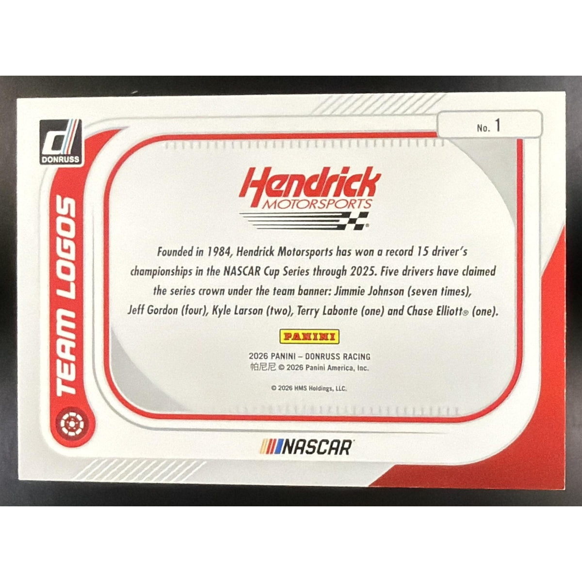 2026 Panini Donruss NASCAR Hendrick Motorsports #1 Team Logos Diamond Plate /199