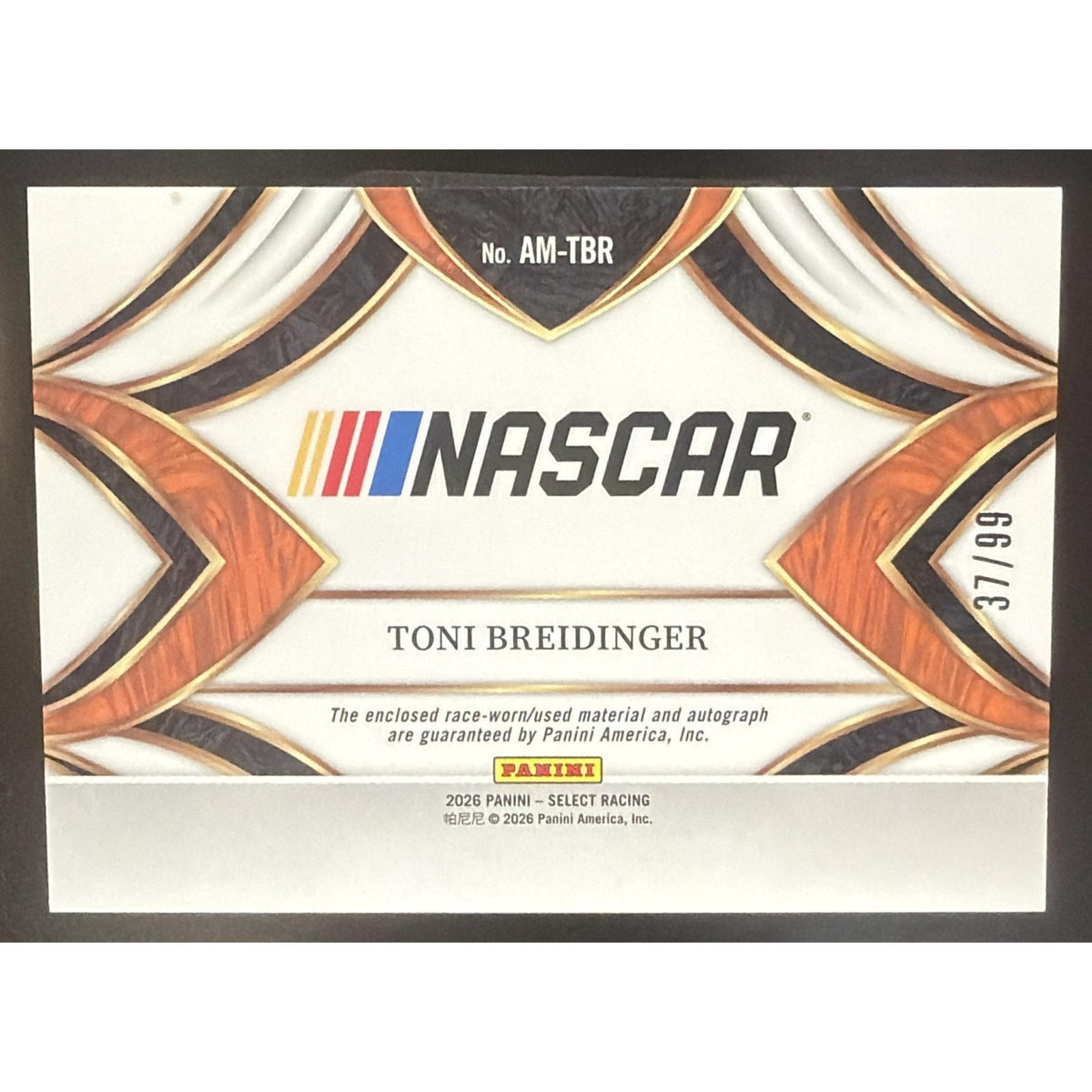 2026 Panini Select NASCAR Toni Breidinger #AM-TBR Auto Memorabilia 37/99 MEM