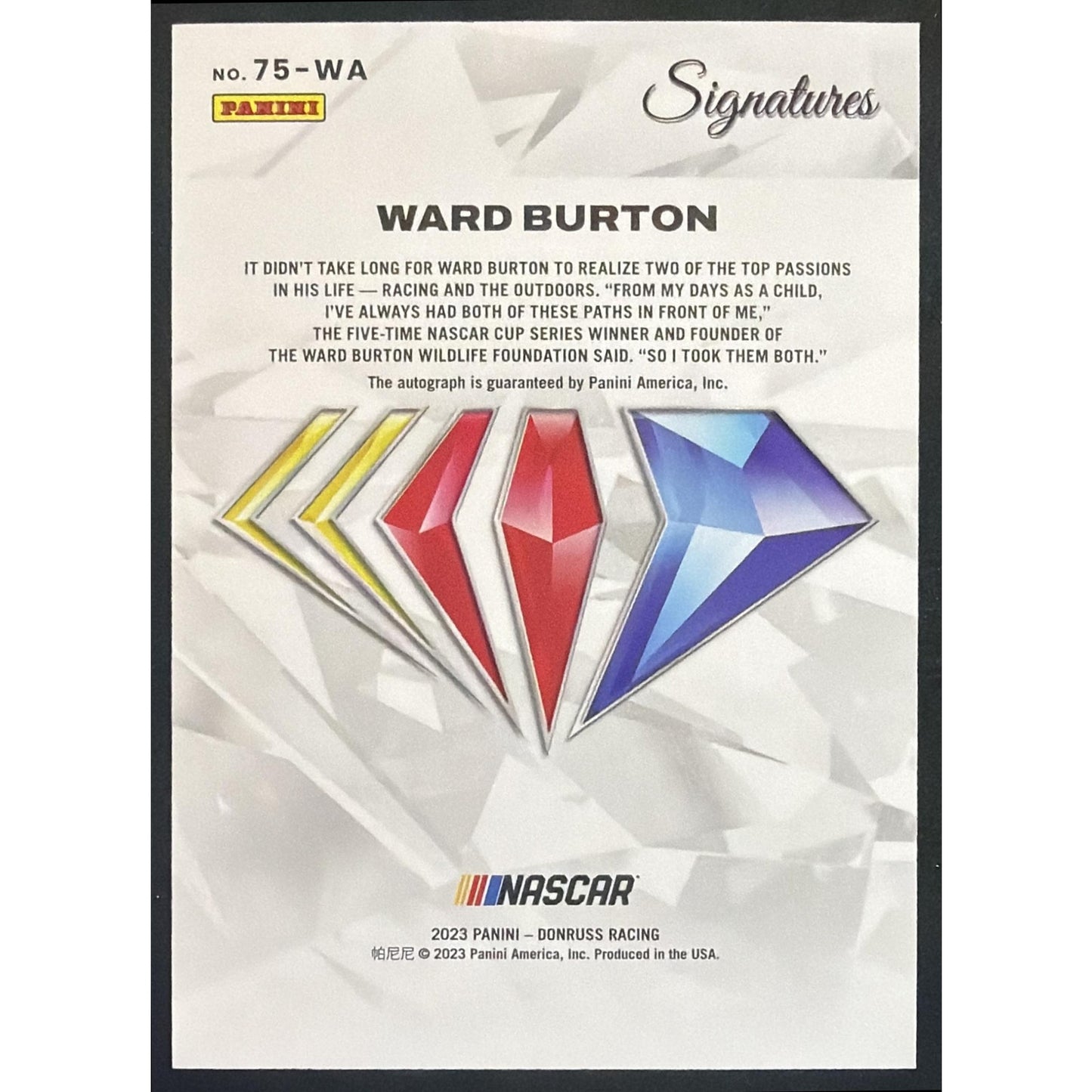 2023 Panini Prime Ward Burton #75-WA NASCAR 75th Anniversary Signatures Auto