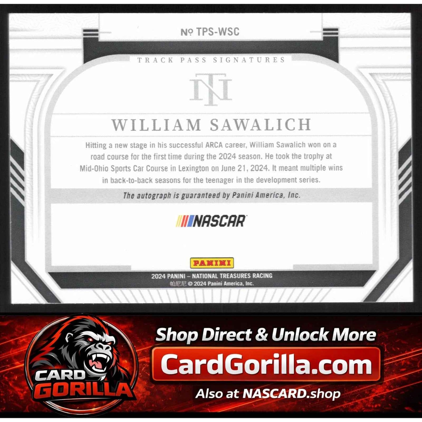 2024 National Treasures William Sawalich Track Pass Signatures Silver /15 RC