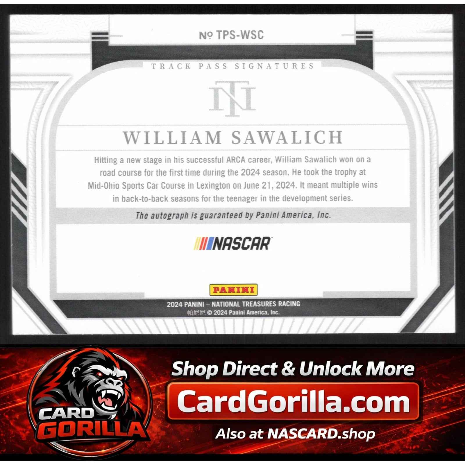 2024 National Treasures William Sawalich Track Pass Signatures Silver /15 RC