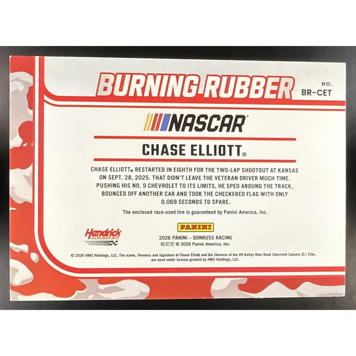 2026 Panini Donruss NASCAR Racing Chase Elliott Burning Rubber Materials Red /99