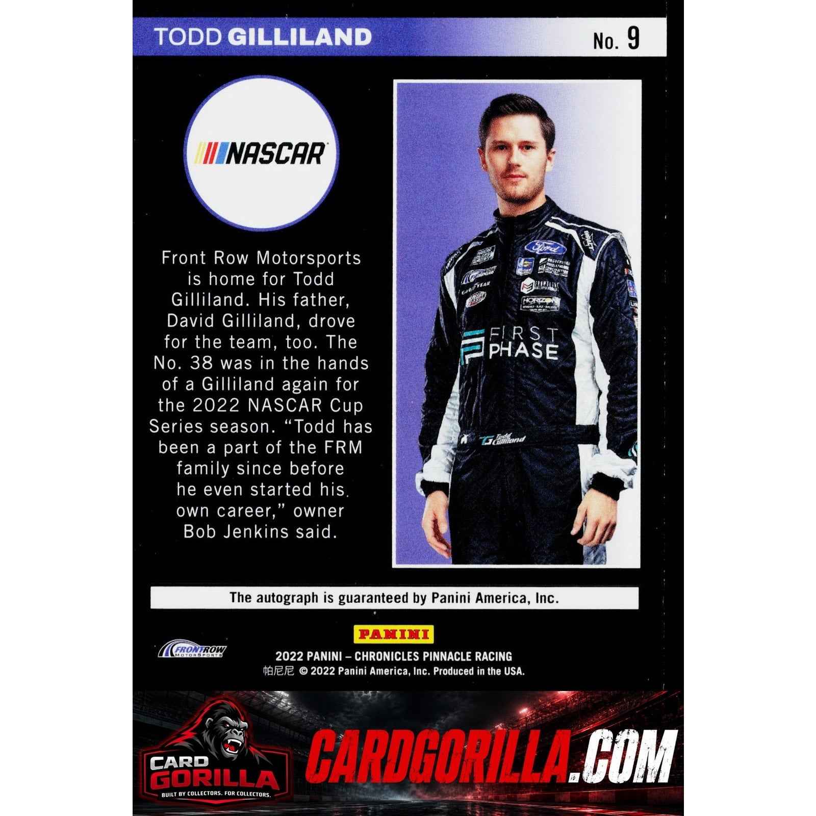 2022 Panini Chronicles #9 Todd Gilliland Pinnacle Autographs