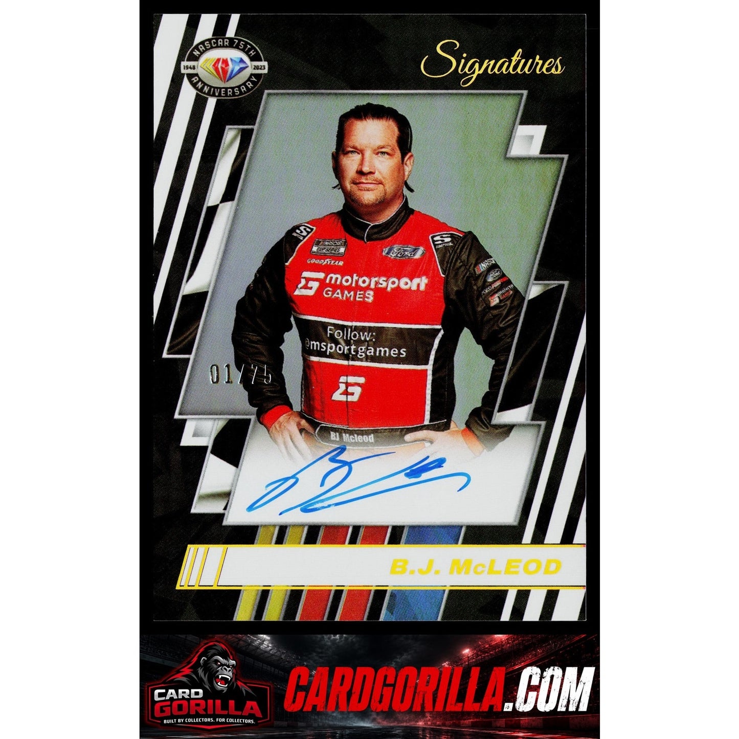 2023 Panini Prizm B.J. McLeod NASCAR 75th Anniversary Signatures Holo #01/75
