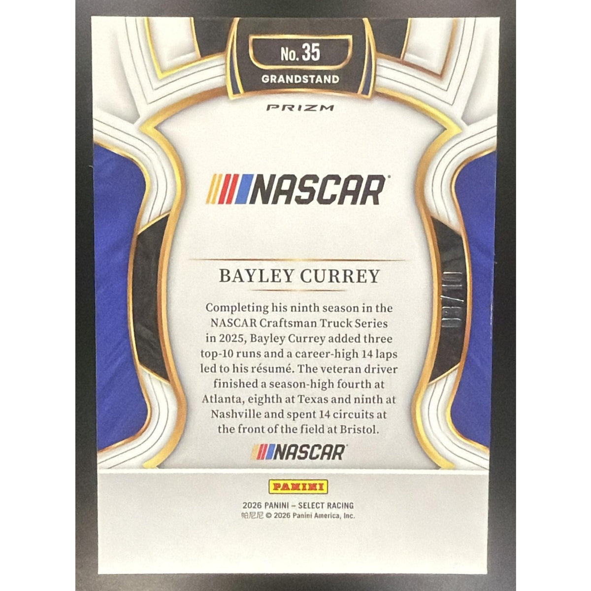 2026 Panini Select NASCAR Bayley Currey #35 Set - Grandstand Gold Prizms /10