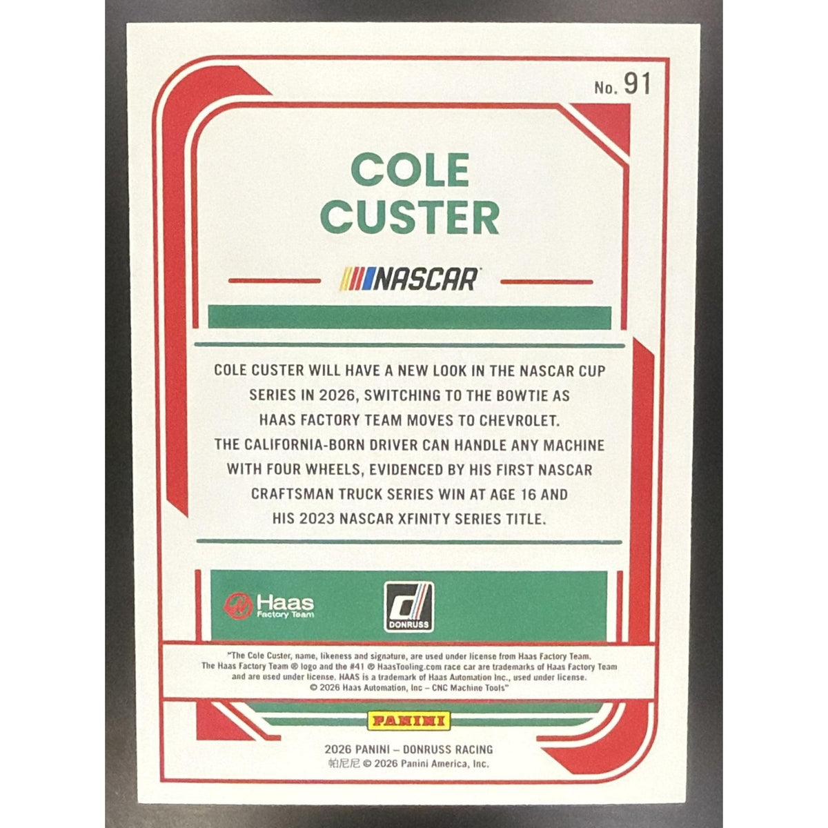 2026 Panini Donruss NASCAR Racing Cole Custer #91 Mojo /25