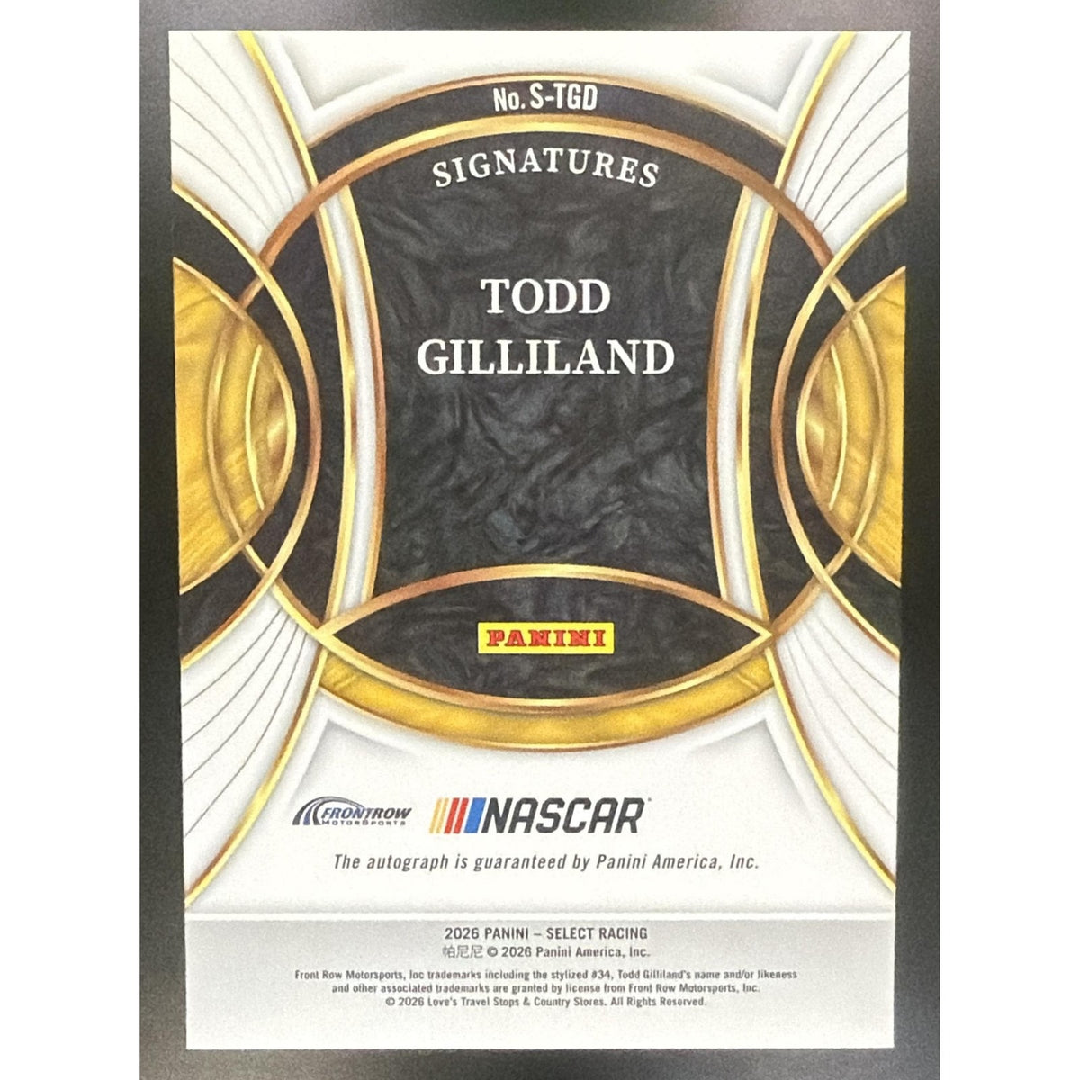 2026 Panini Select NASCAR Todd Gilliland #S-TGD Signatures Auto