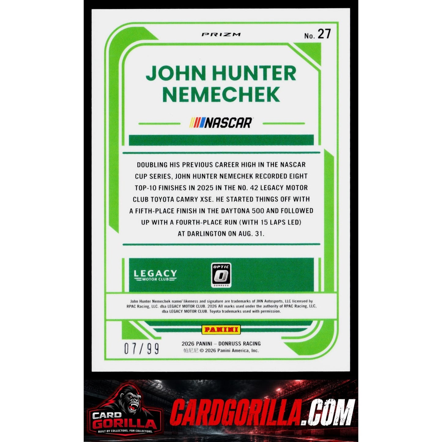 2026 Donruss #27 John Hunter Nemechek Optic Green Velocity #/99